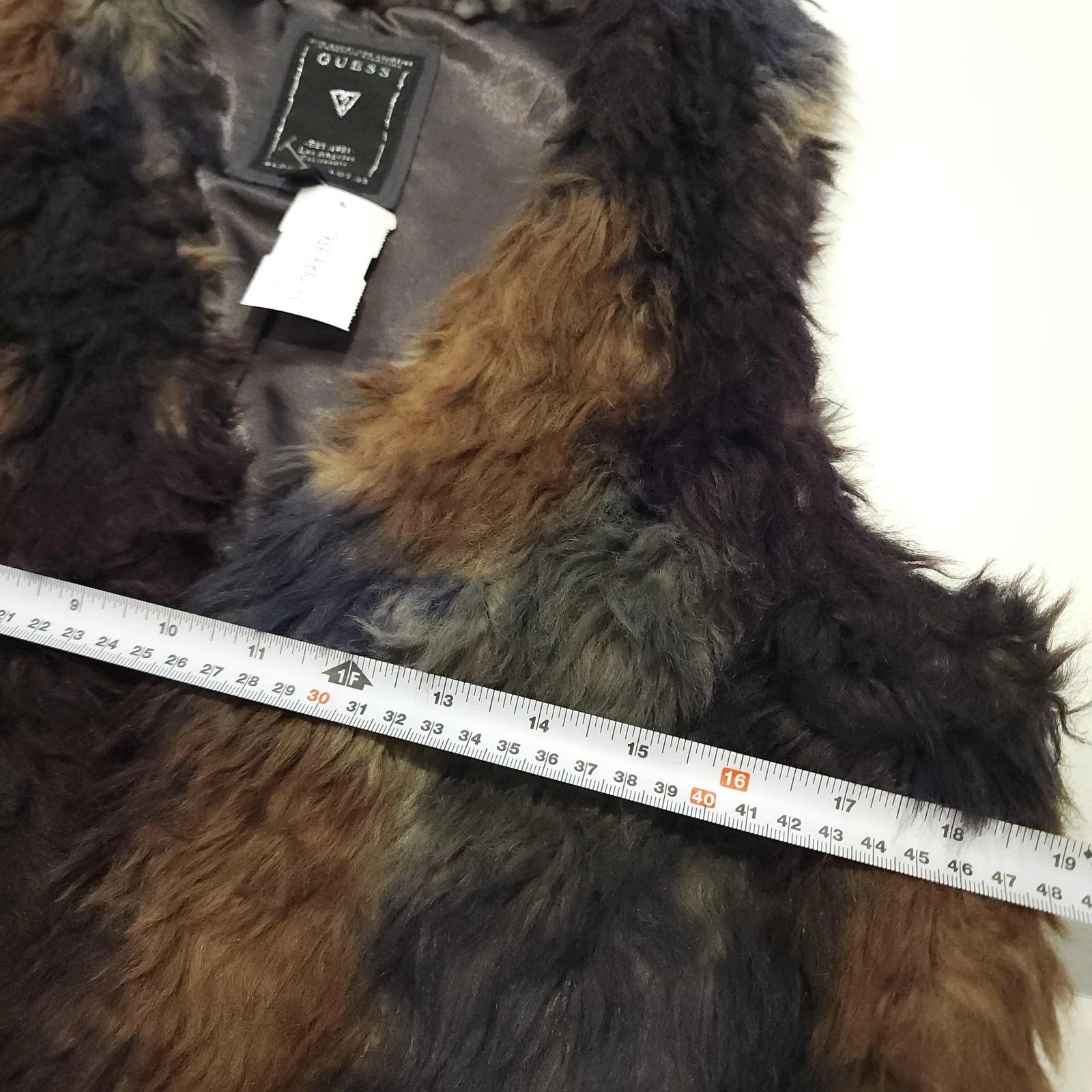 Guess Sz M Patched Black, Brown and Gray Dense Faux Fur Vest