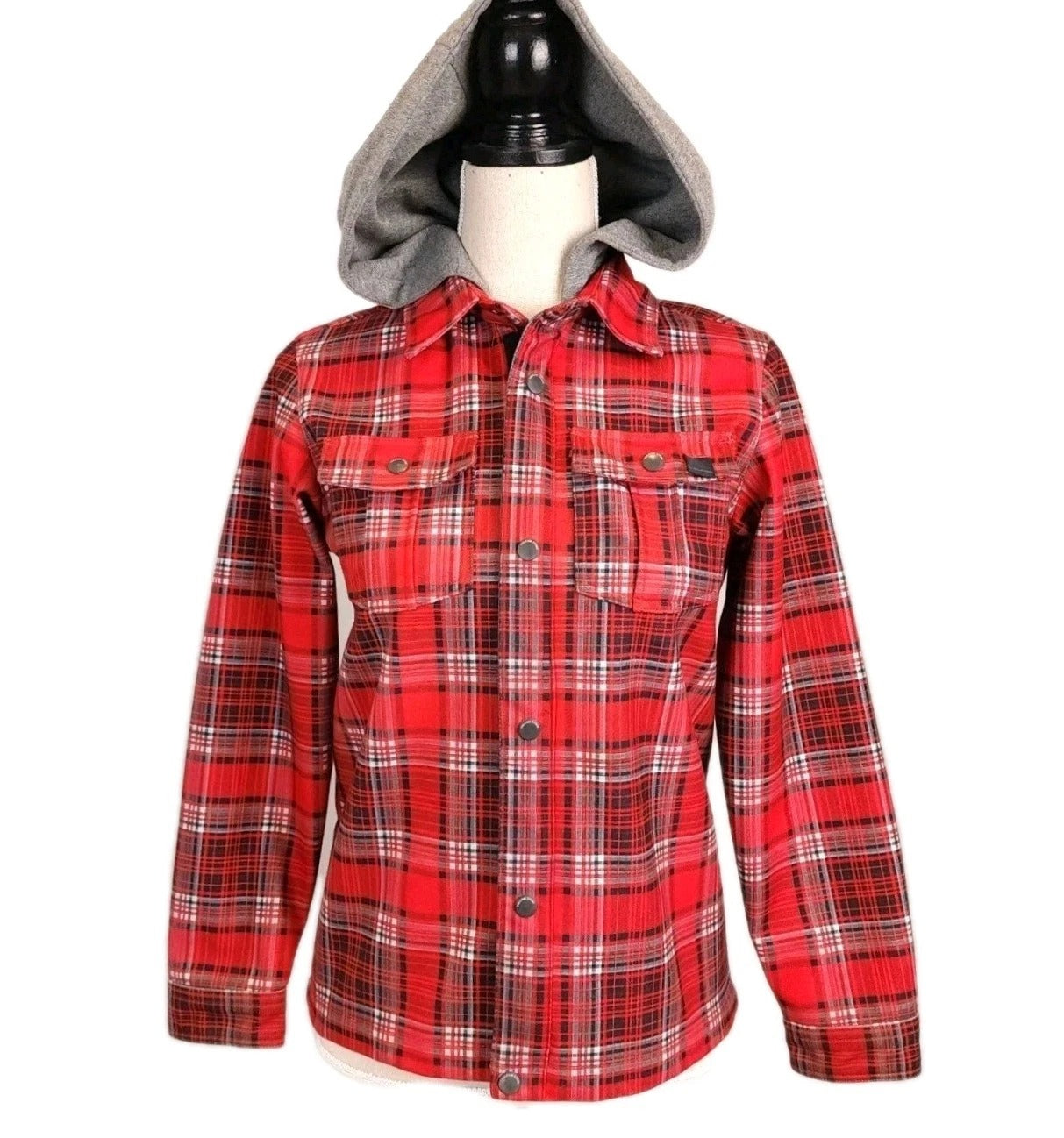 VOLCOM Sz M Soft Shell Red & Gray Plaid Jacket Full Zip