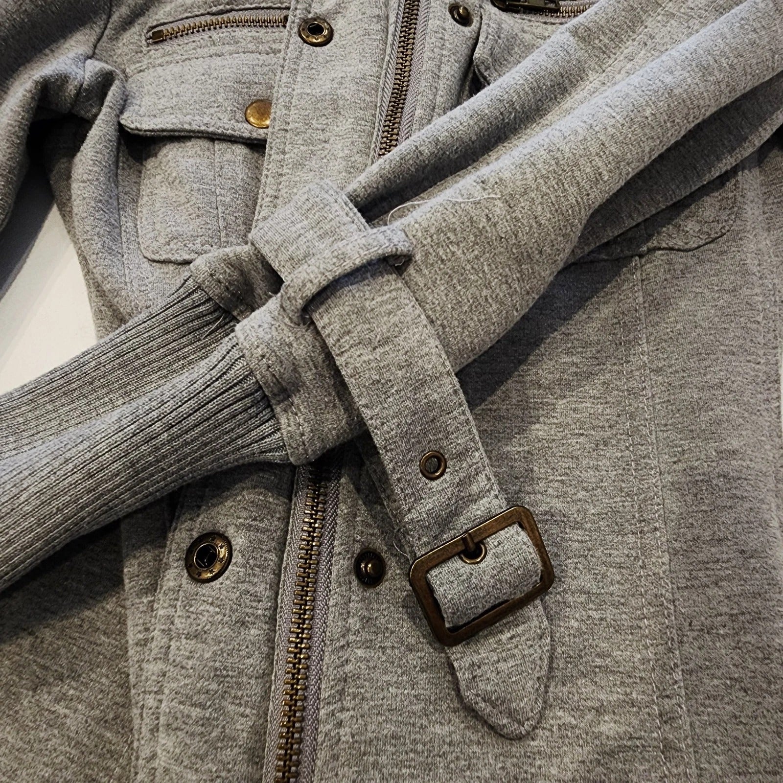 Katie Sz S Fitted Gray Buttoned Cozy Shacket Sweater w/ Brass Hardware