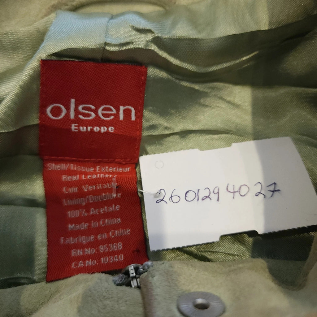 Olsen Cafe Racer Sz L Geniune Leather Biker Jacket Moss Green Full Zip