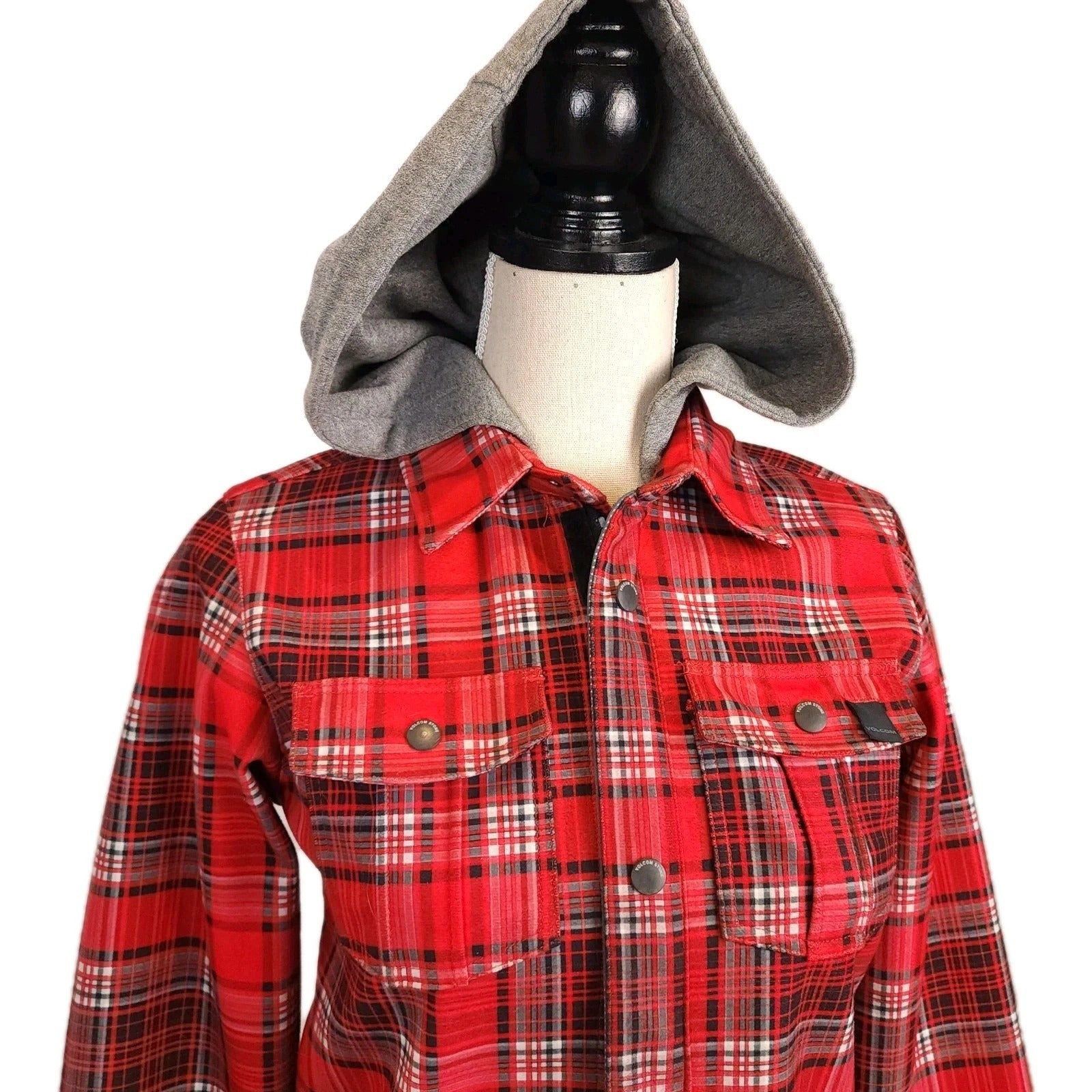VOLCOM Sz M Soft Shell Red & Gray Plaid Jacket Full Zip