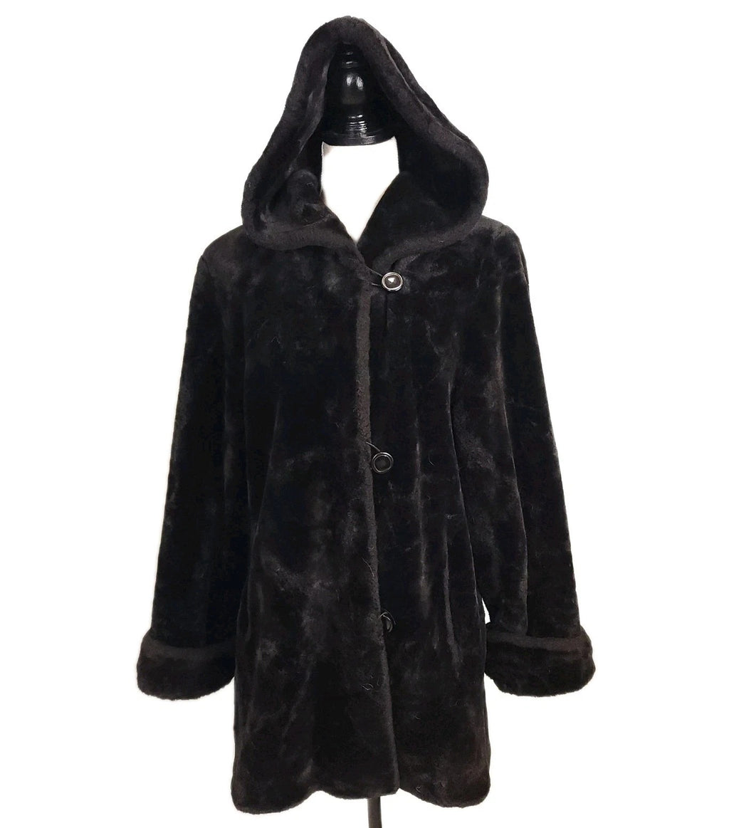 Hooded Plush Faux Fur Black OverCoat Sz L UTX OUTDOORS