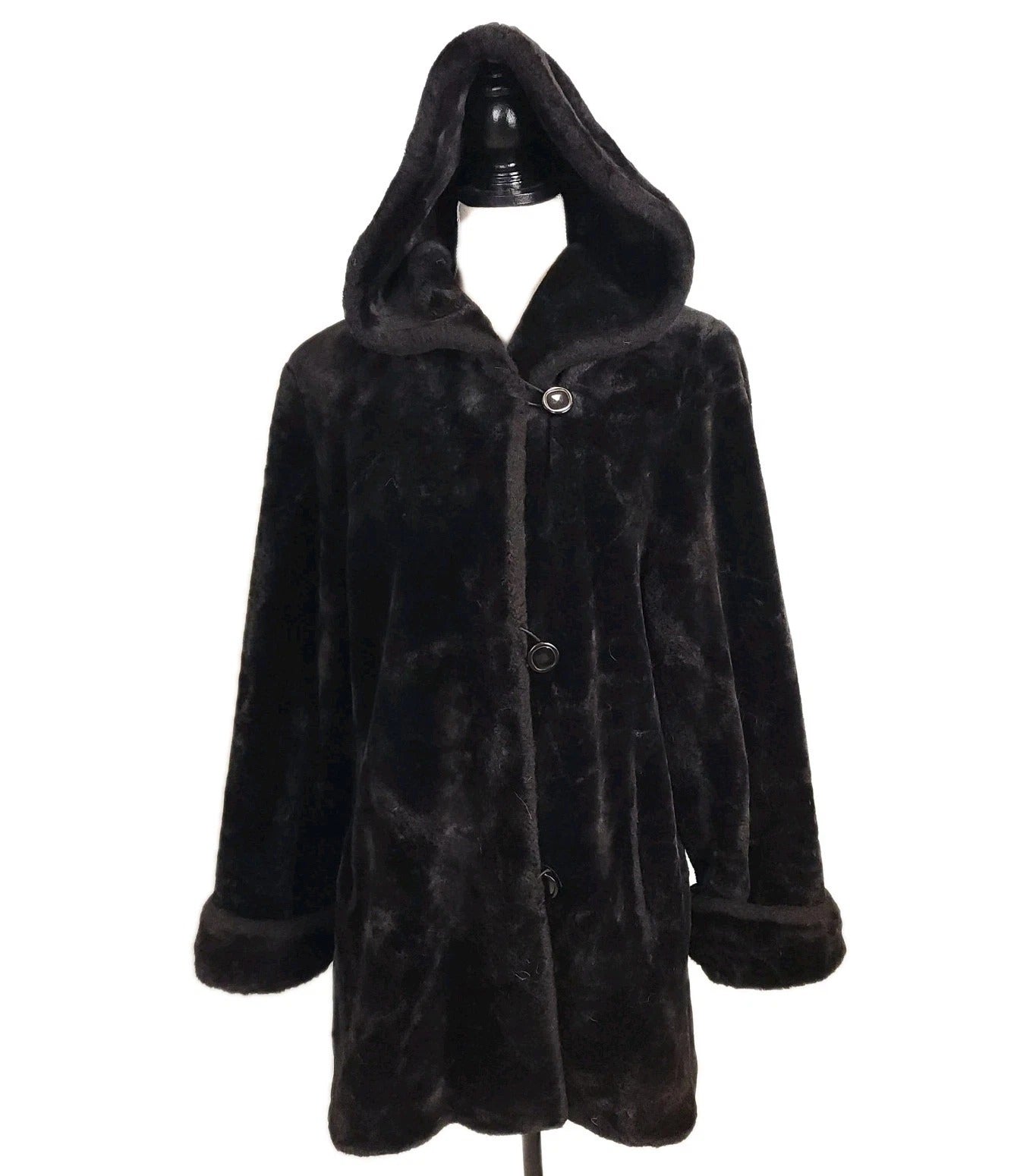 Hooded Plush Faux Fur Black OverCoat Sz L UTX OUTDOORS