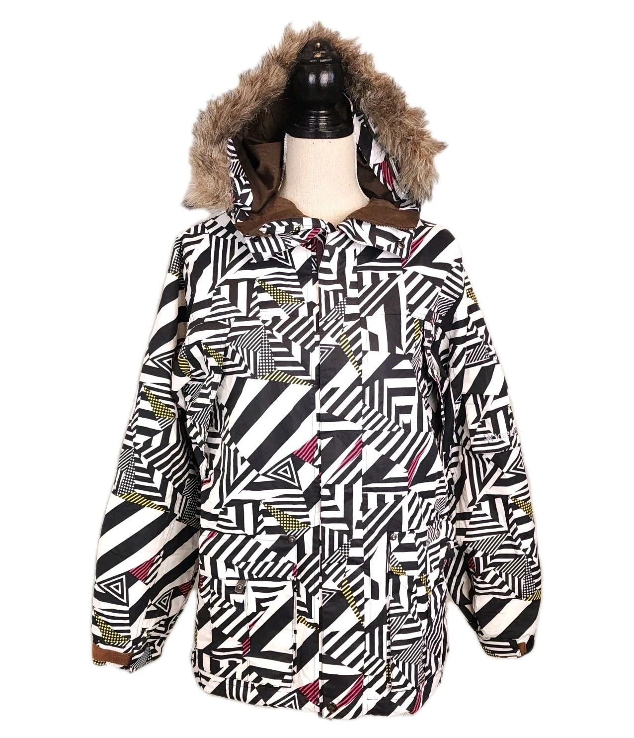 Y2K ICEPARDAL Geometric Black & White Insulated Winter Jacket Hooded Faux Fur