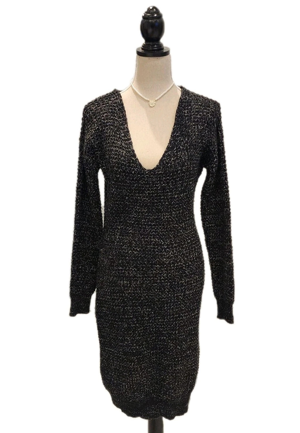 Chunky Knit Sz M Body-Con Midi Sweater Dress Black & Gray