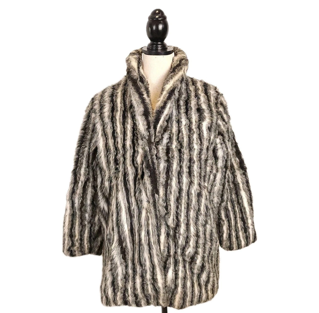 Vintage Faux Fur River Luxe Striped Coat Black, Gray & White Sz L