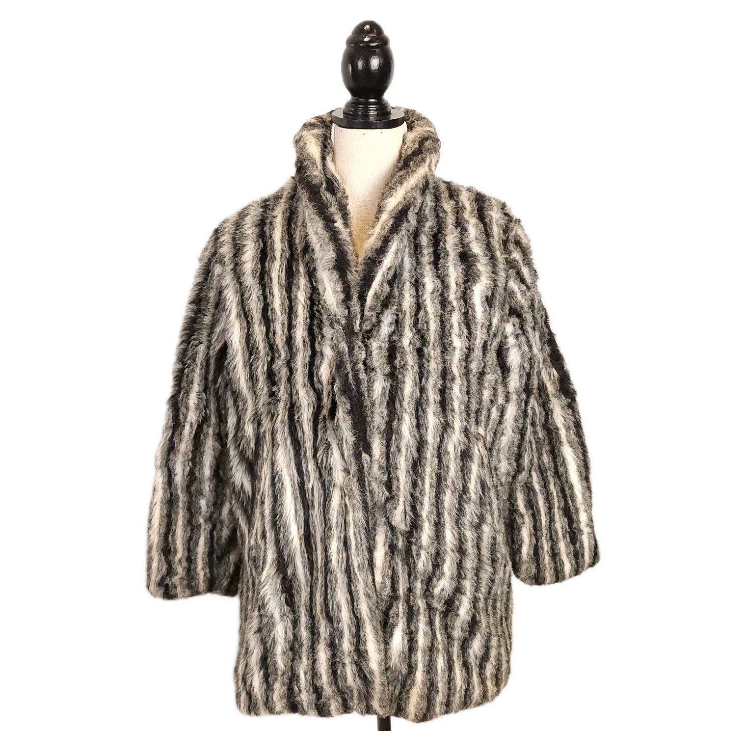 Vintage Faux Fur River Luxe Striped Coat Black, Gray & White Sz L