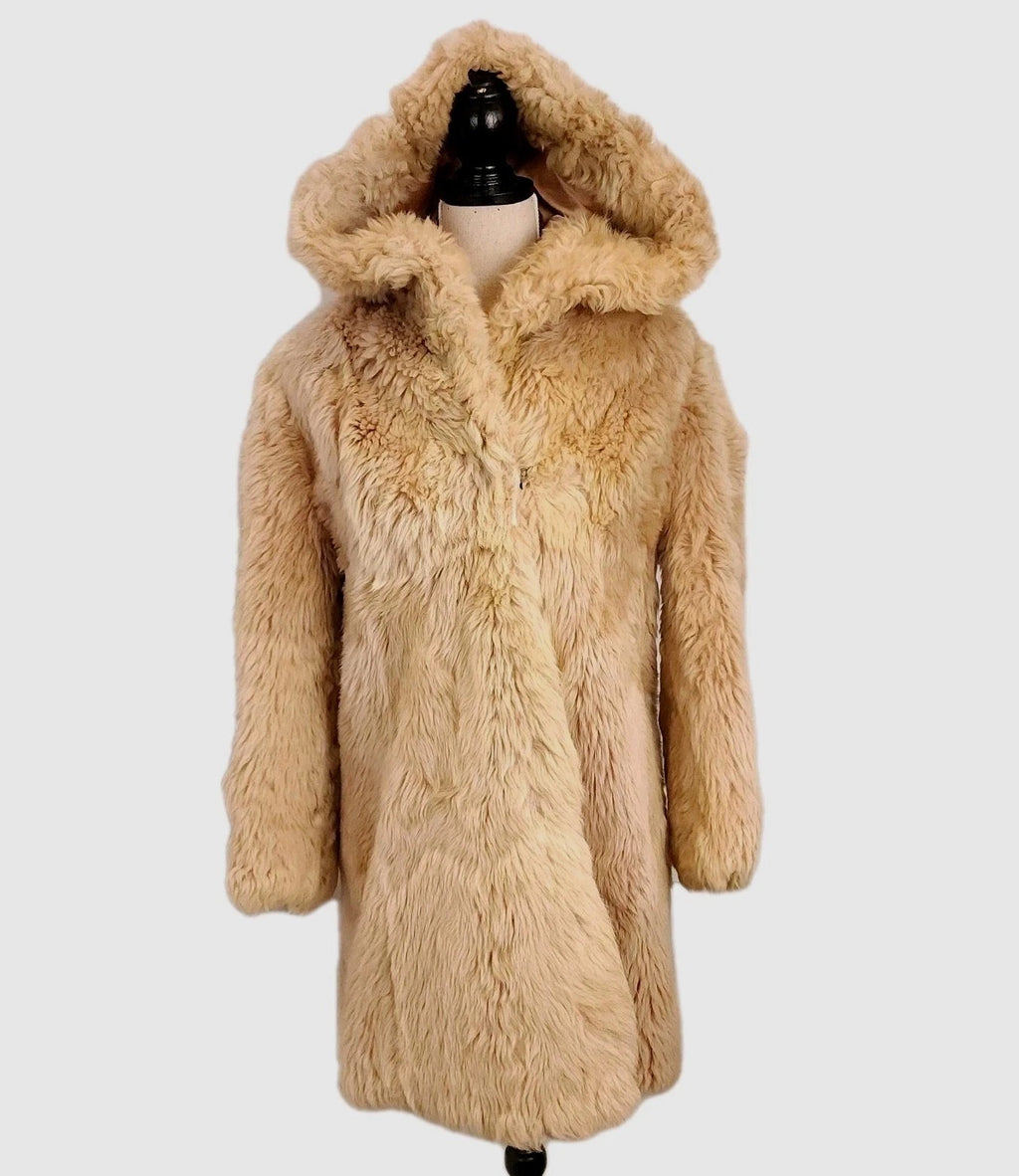 60's Vintage Hooded Plush Teddy Coat Golden Brown Faux Fur Coat Sz M