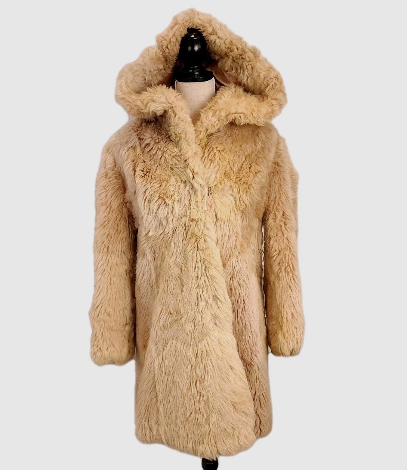 60's Vintage Hooded Plush Teddy Coat Golden Brown Faux Fur Coat Sz M