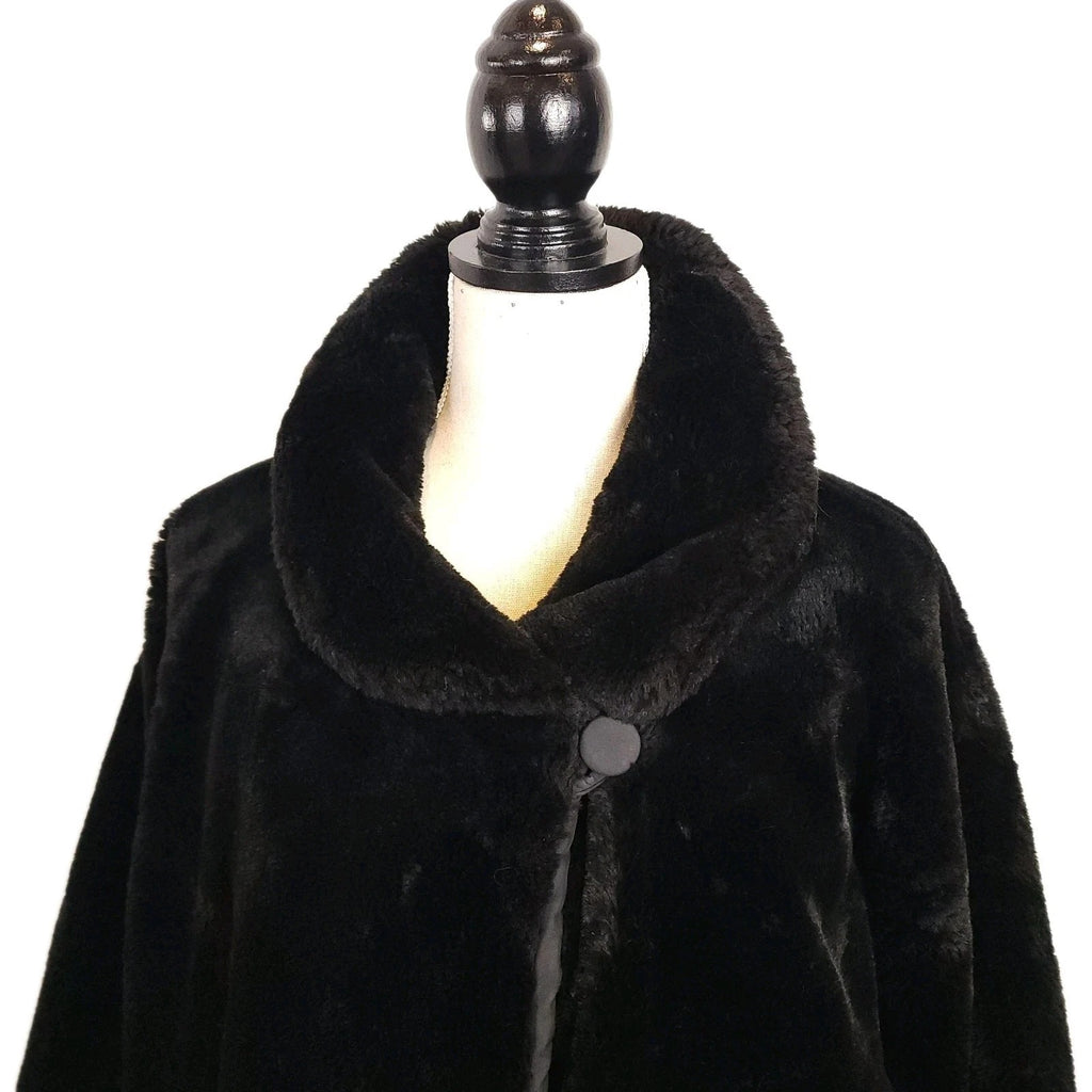 Vintage Plush Jet Black Faux Fur Overcoat Sz 3XL Knee Length