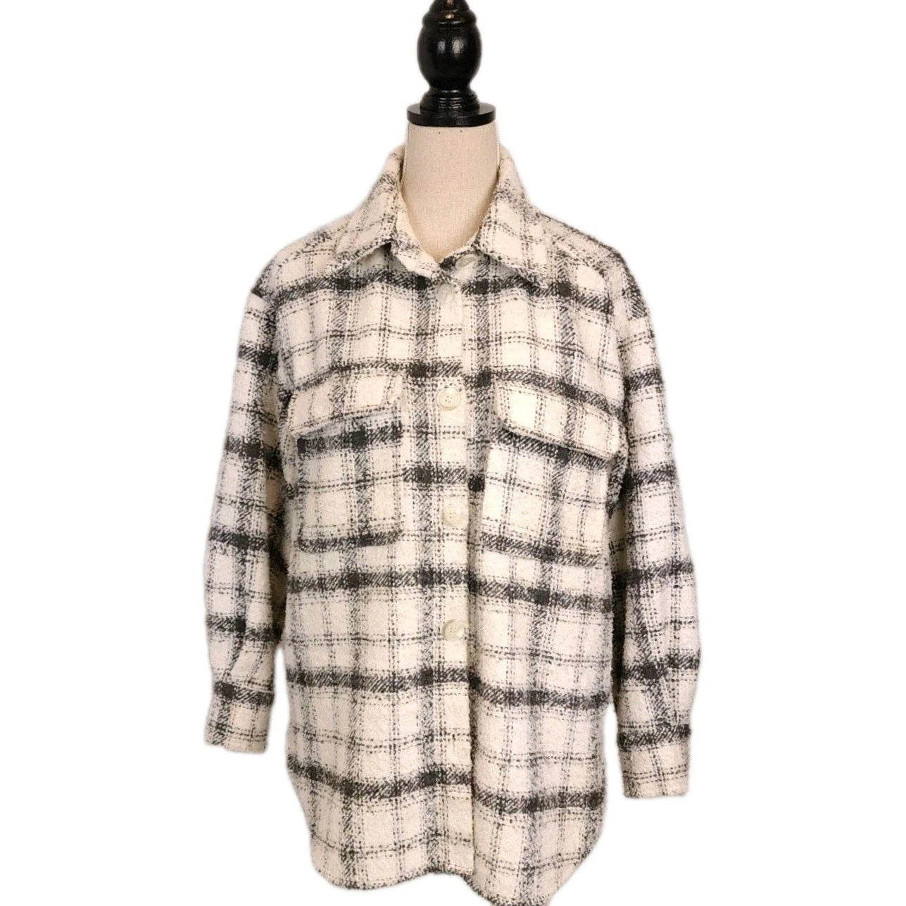 H&M Sz M Ivory & Gray Plaid Shacket Heavy Over Shirt