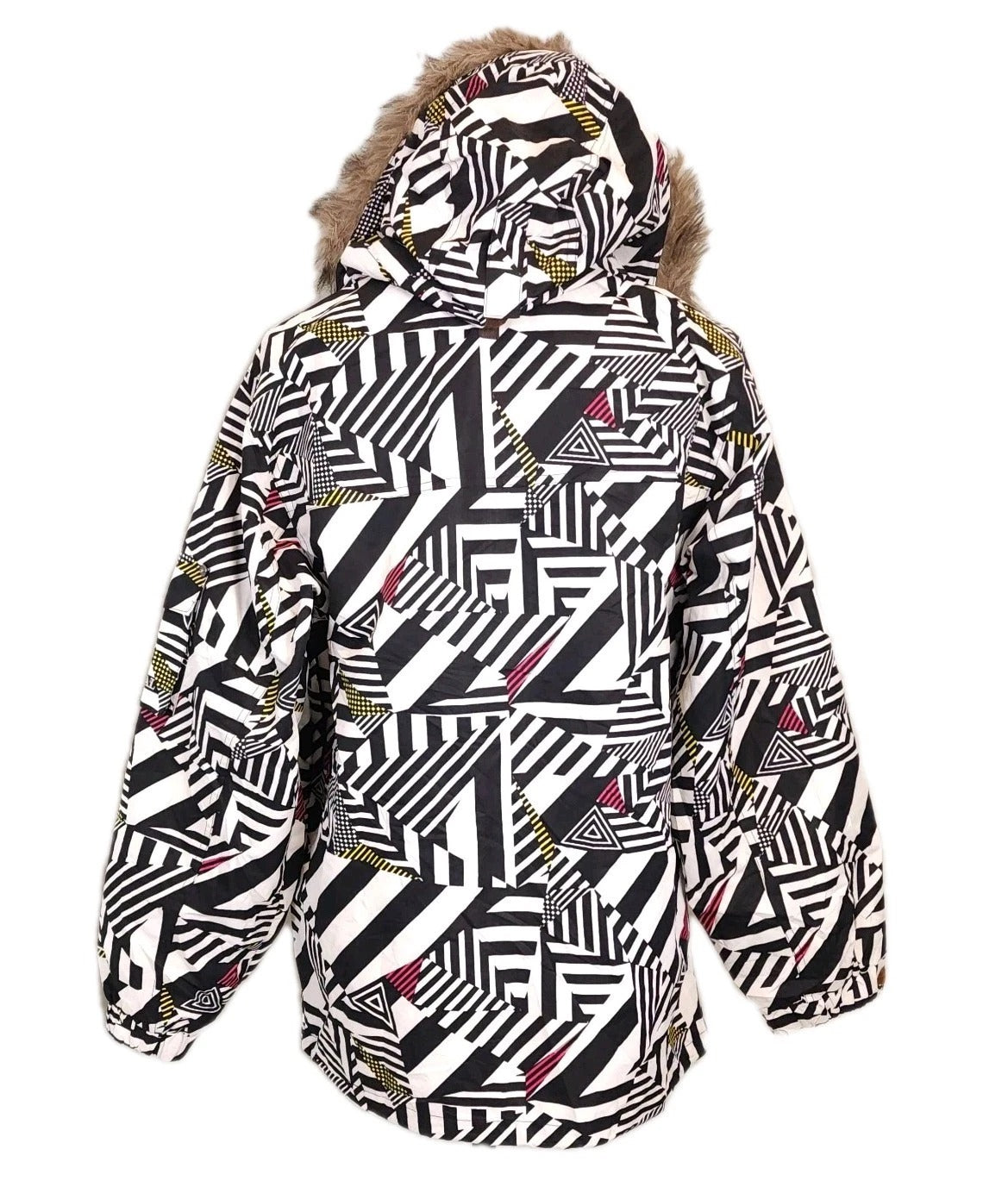 Y2K ICEPARDAL Geometric Black & White Insulated Winter Jacket Hooded Faux Fur
