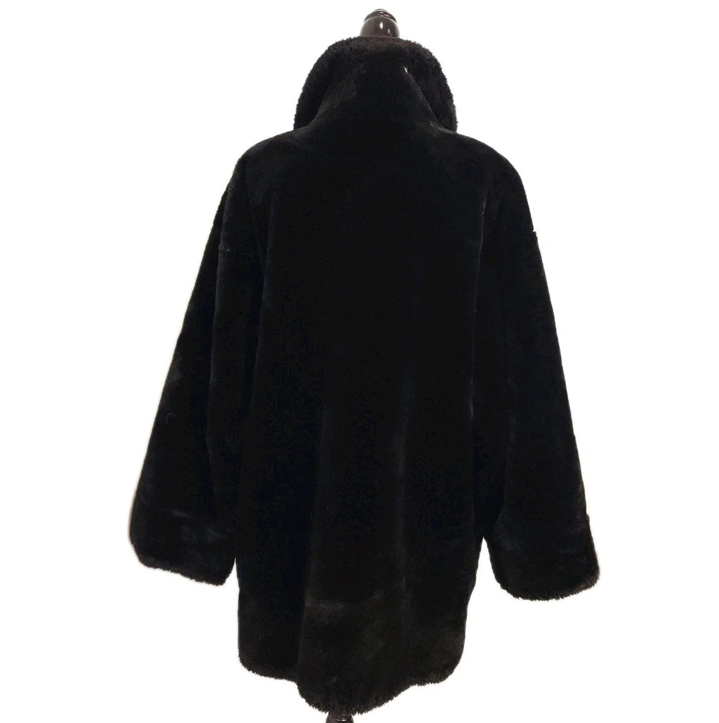 Vintage Plush Jet Black Faux Fur Overcoat Sz 3XL Knee Length