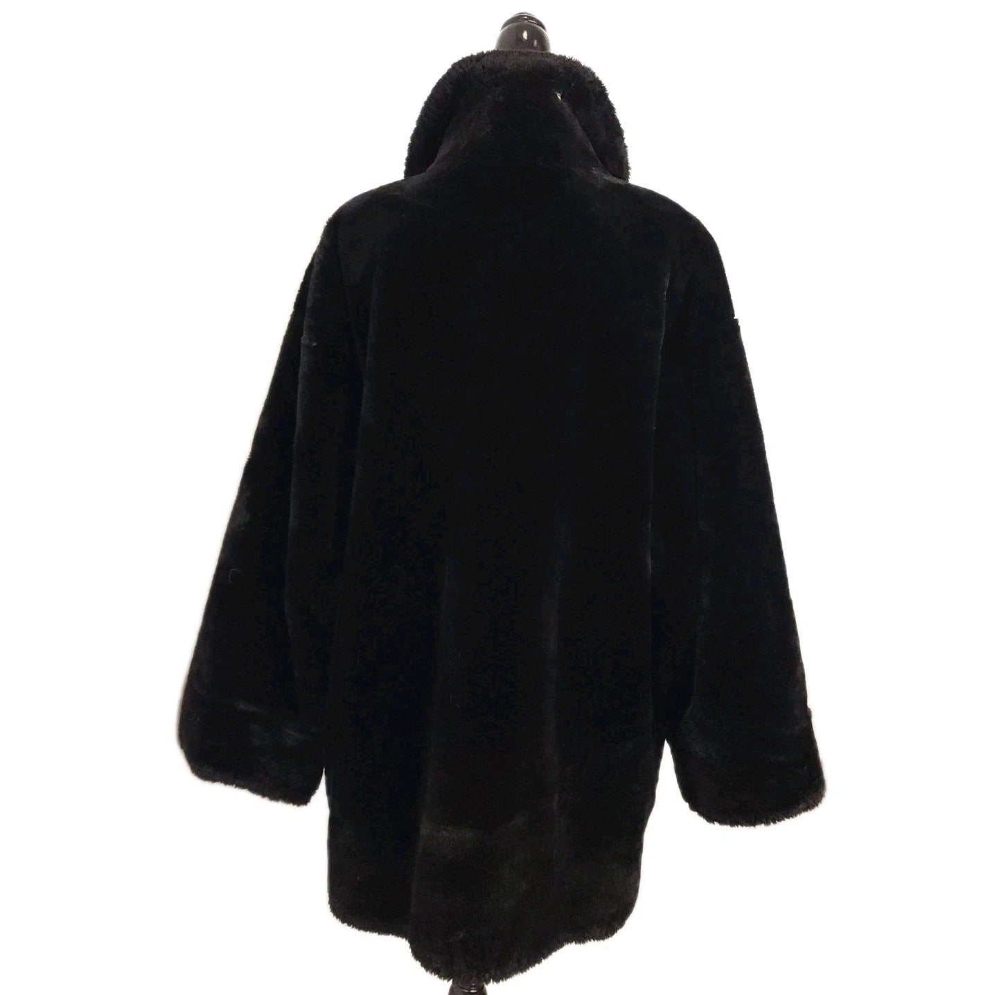 Vintage Plush Jet Black Faux Fur Overcoat Sz 3XL Knee Length
