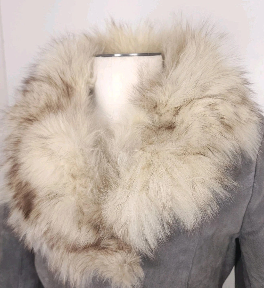 Rabbit Fur Collar Leather Trench Coat Sz Small Vintage