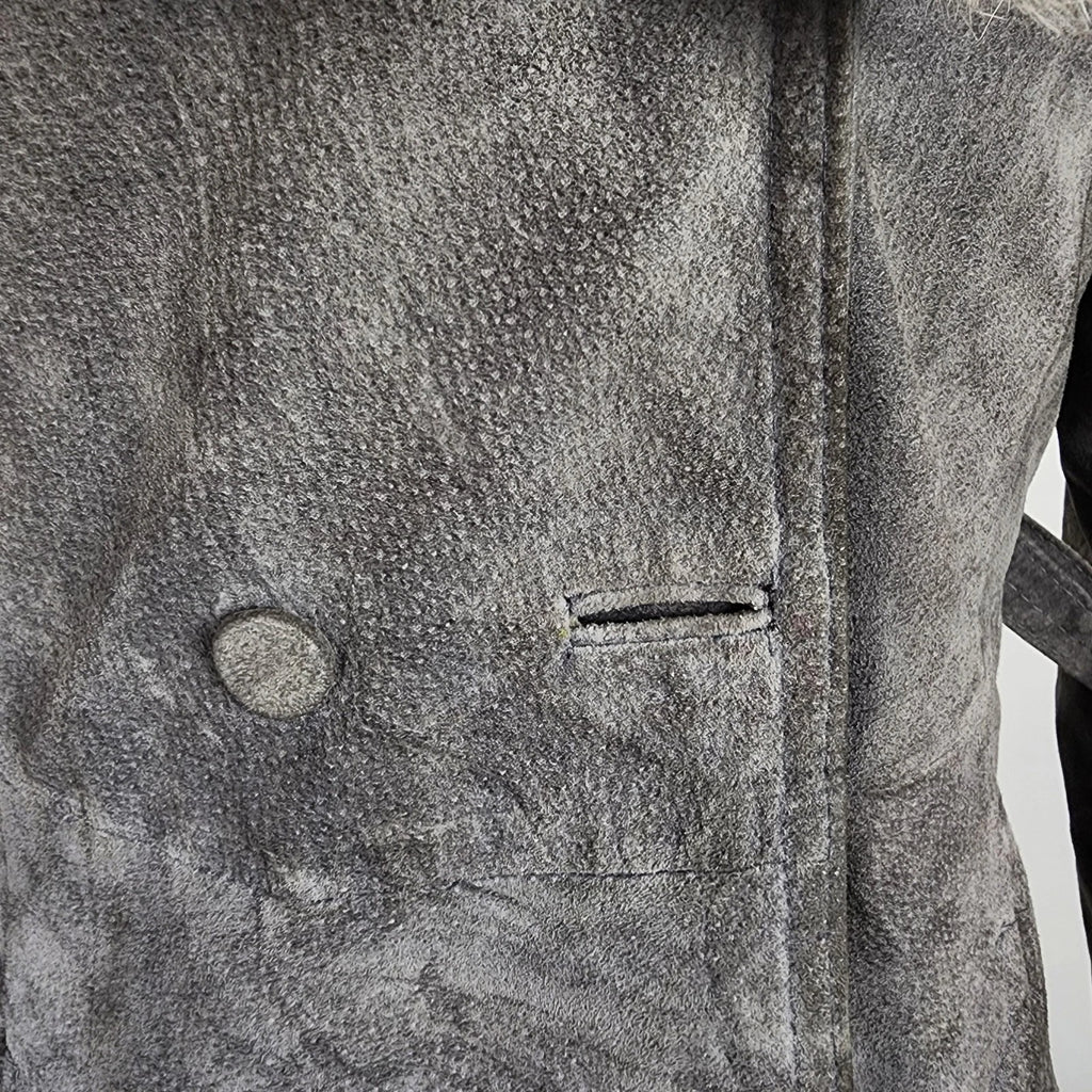 Rabbit Fur Collar Leather Trench Coat Sz Small Vintage