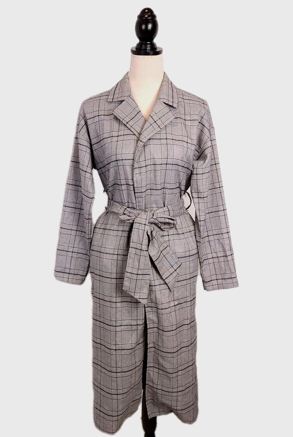 Forever 21 Black & Gray Checked Full-length Trench Coat Small