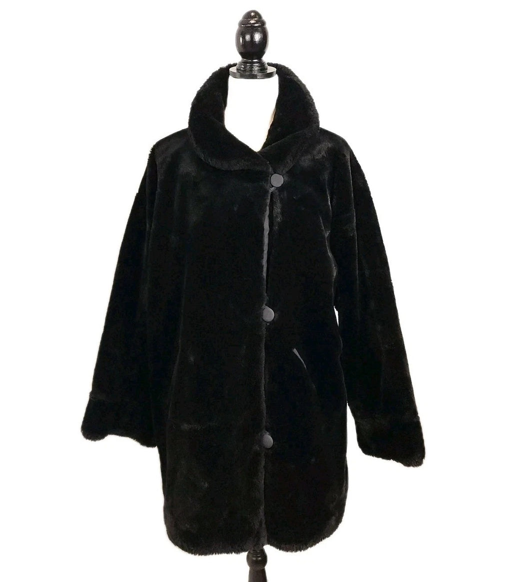 Vintage Plush Jet Black Faux Fur Overcoat Sz 3XL Knee Length