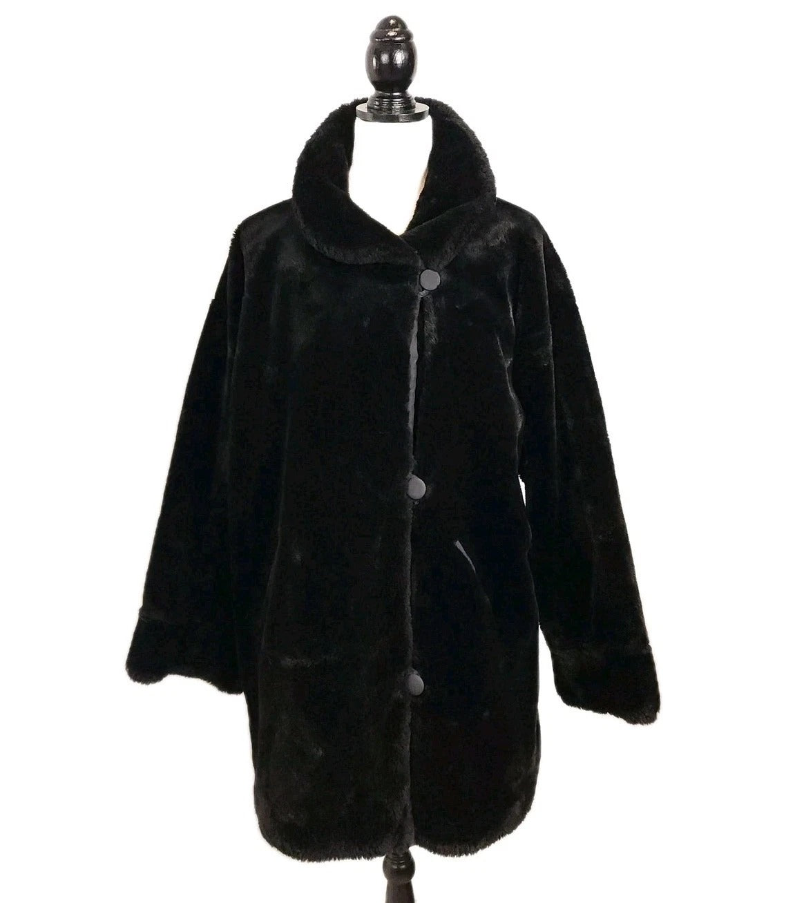 Vintage Plush Jet Black Faux Fur Overcoat Sz 3XL Knee Length