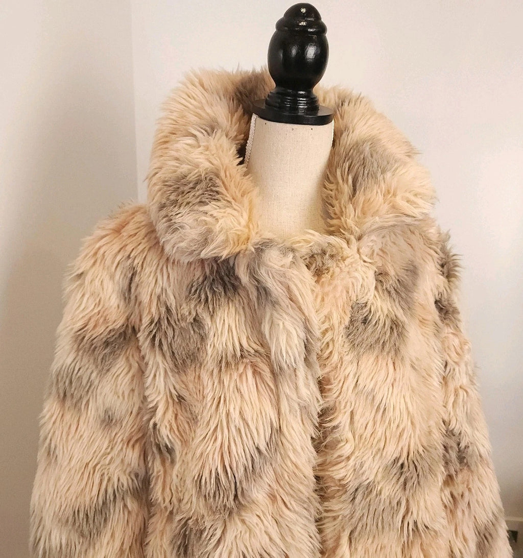 QED London Marble Gray & Brown Faux Fur Open Coat Sz L Deep Pile Knee Length