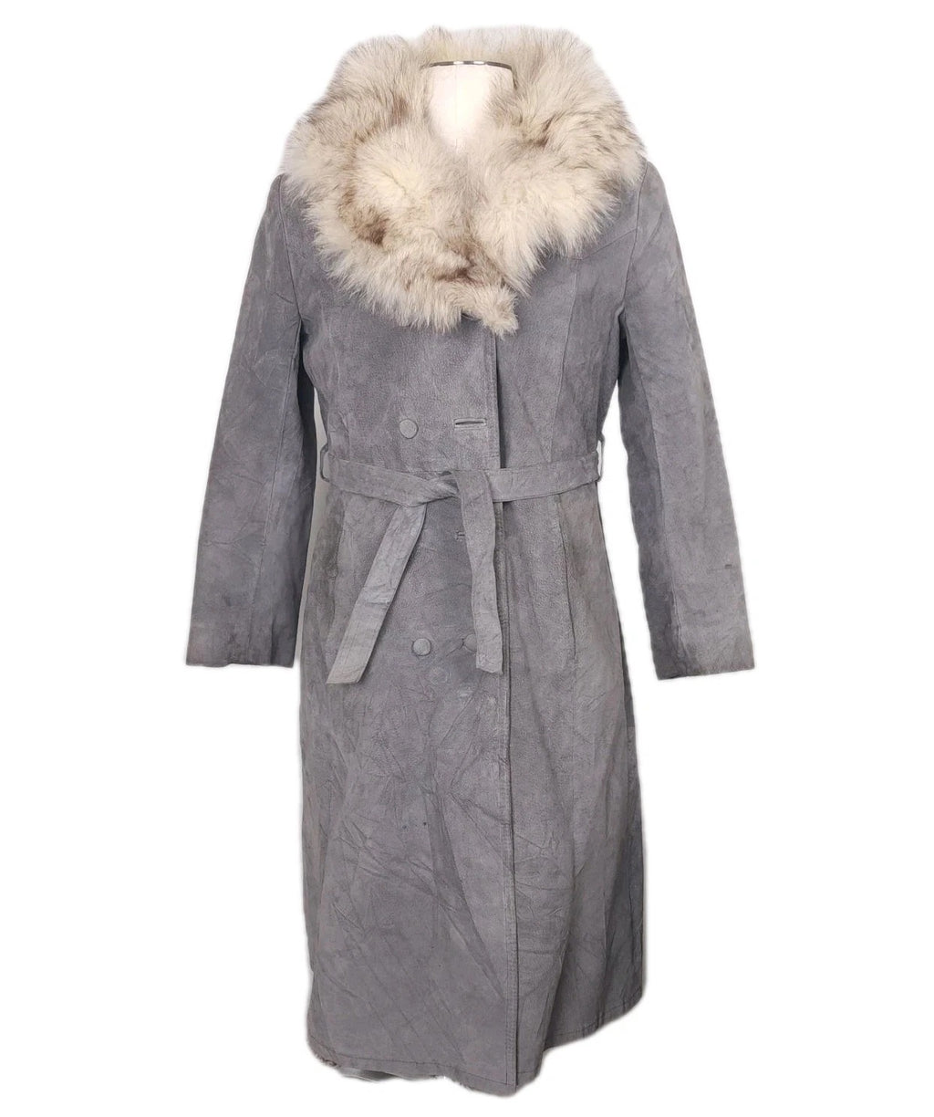 Rabbit Fur Collar Leather Trench Coat Sz Small Vintage