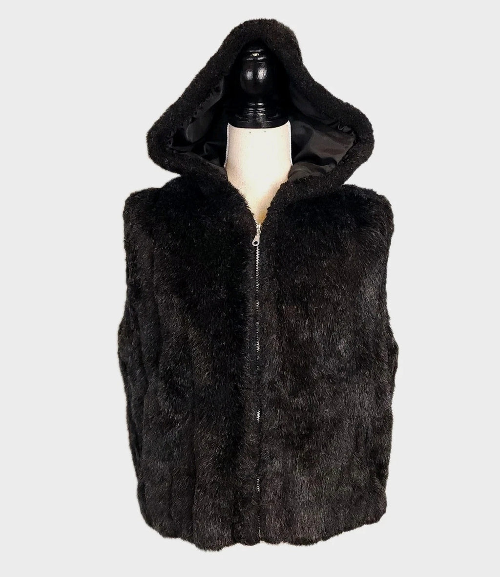 Nicole Benisti XL Faux Fur Full Zip Vest Hooded Black