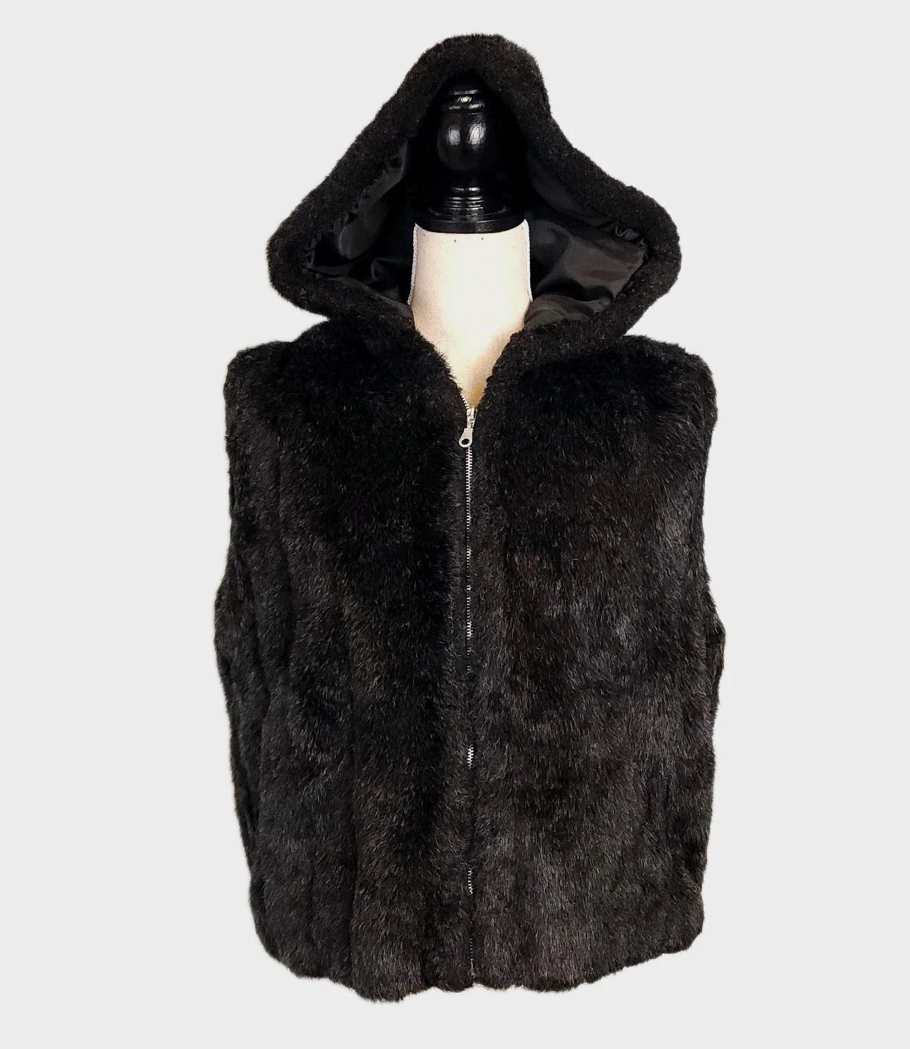 Nicole Benisti XL Faux Fur Full Zip Vest Hooded Black