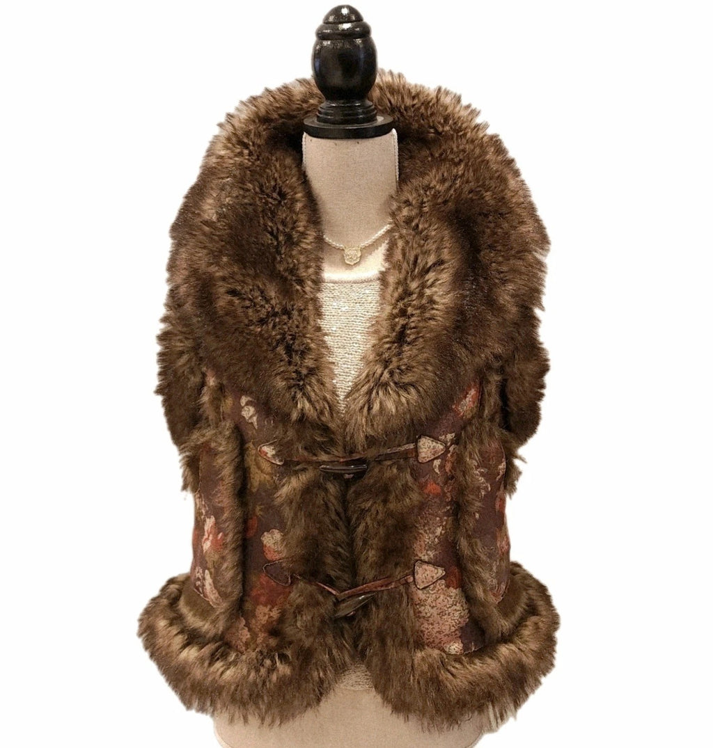 Parkhurst Sz M Floral Faux Fur & Shearling Vest Horn Toggle