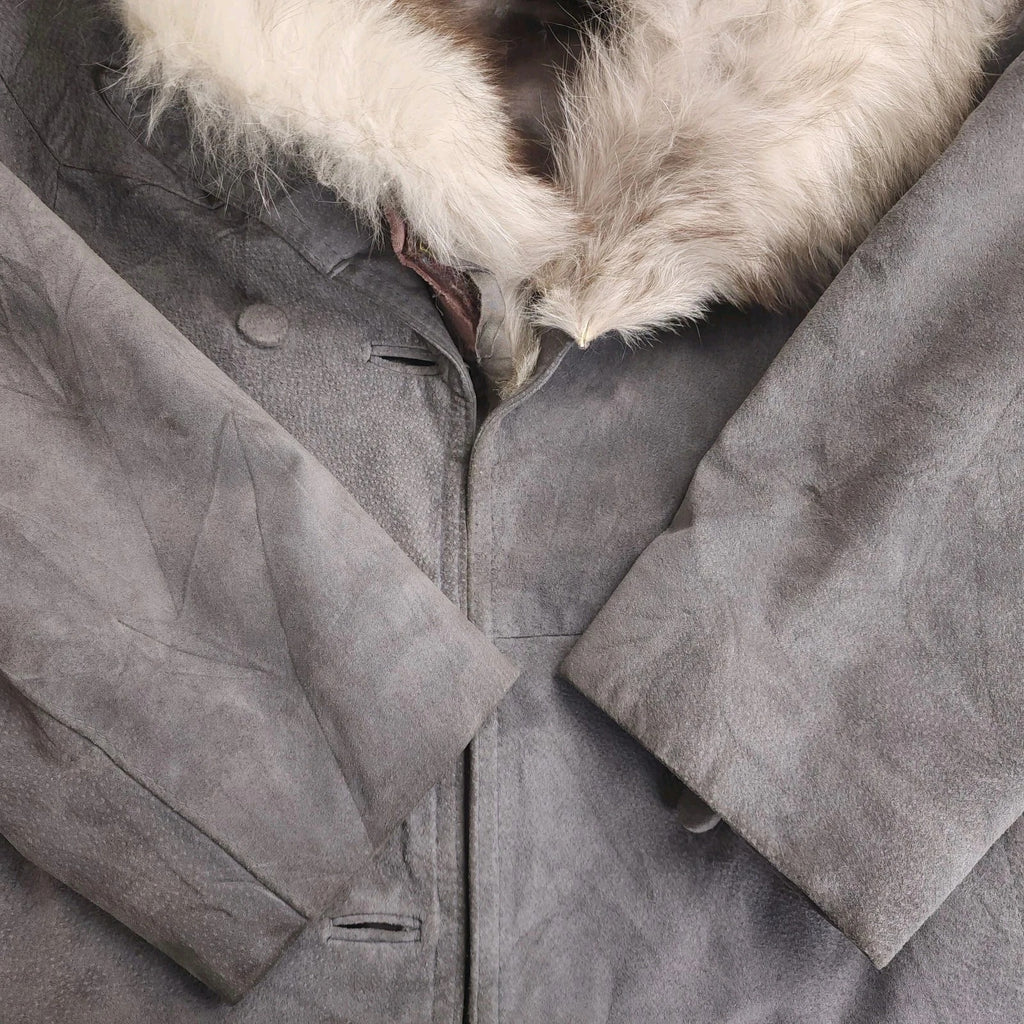 Rabbit Fur Collar Leather Trench Coat Sz Small Vintage