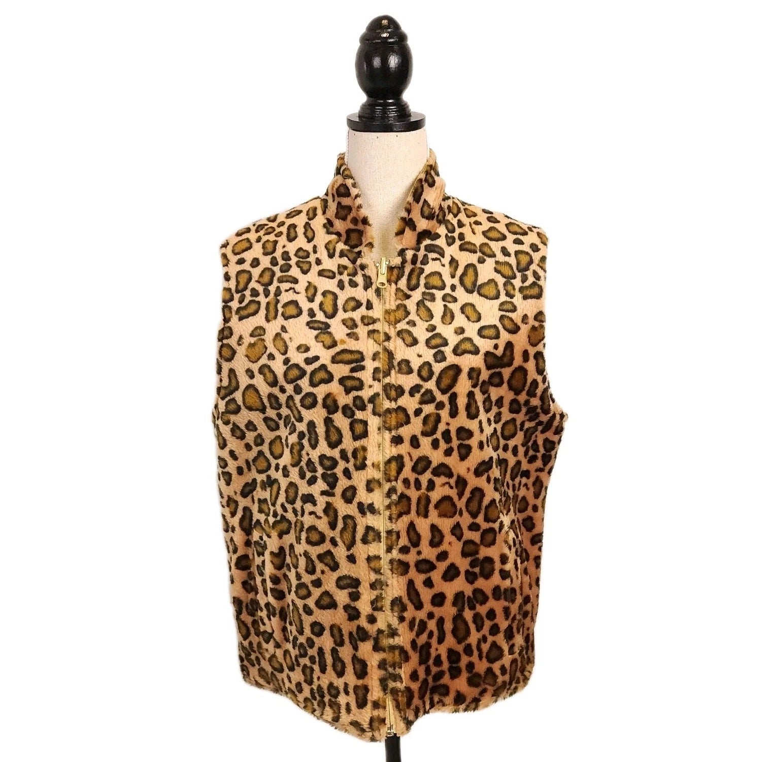 Leopard Print Reversible Luxe Faux Fur Vest Sz L Full Zip