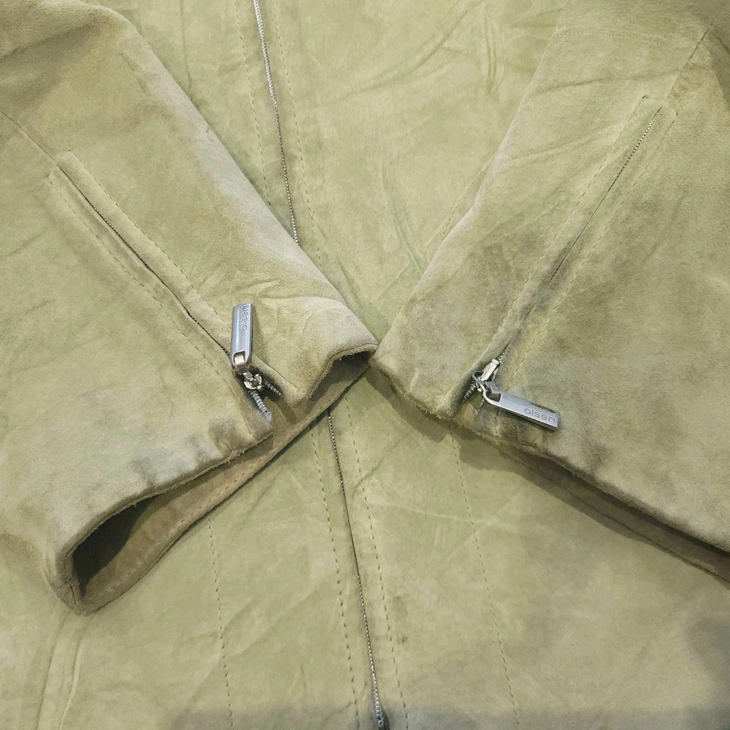 Olsen Cafe Racer Sz L Geniune Leather Biker Jacket Moss Green Full Zip
