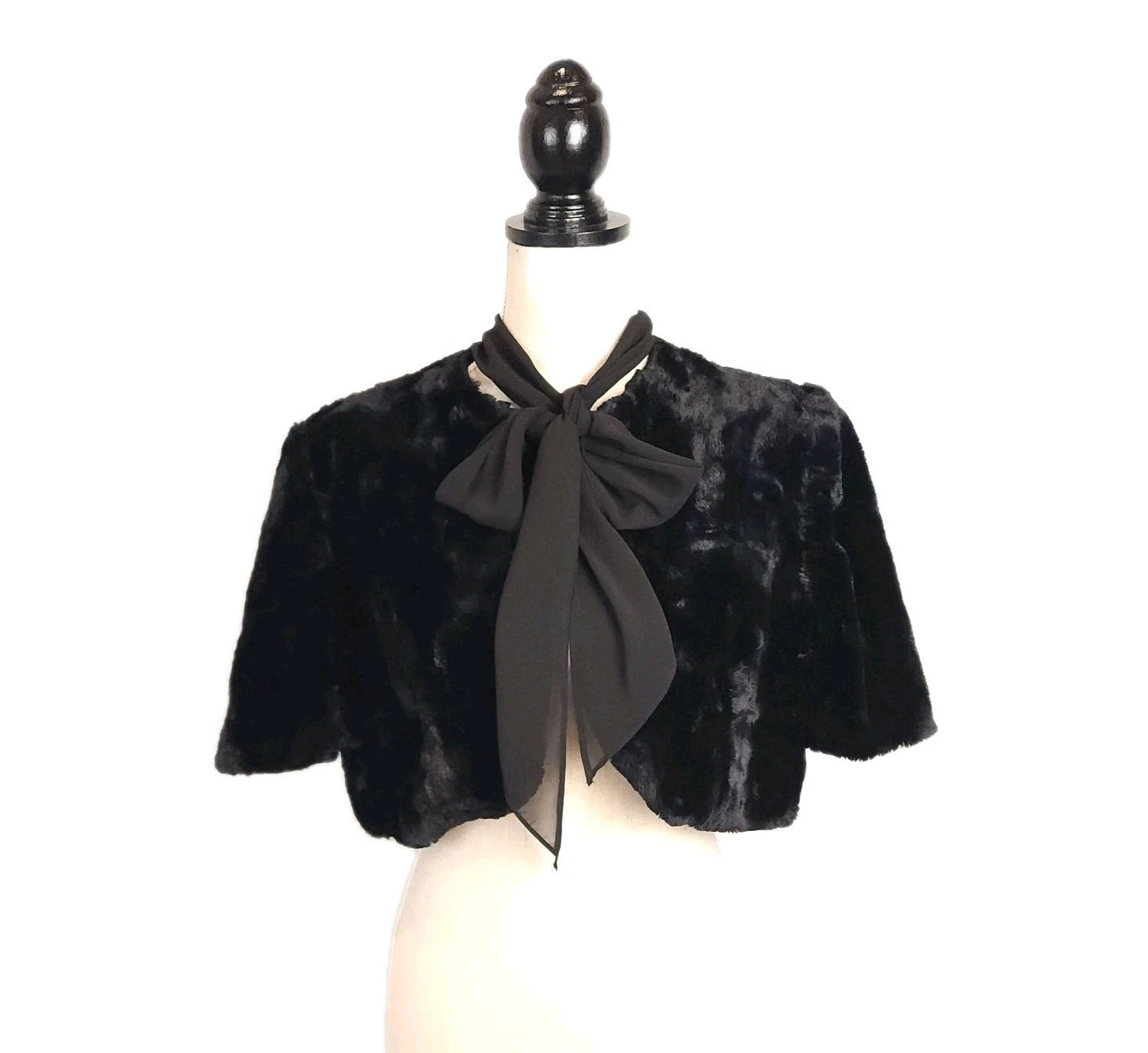 Ricki Cherry Sz L Ribbon Tie Stole Fine Faux Fur Jet Black MADE IN USA Vintage