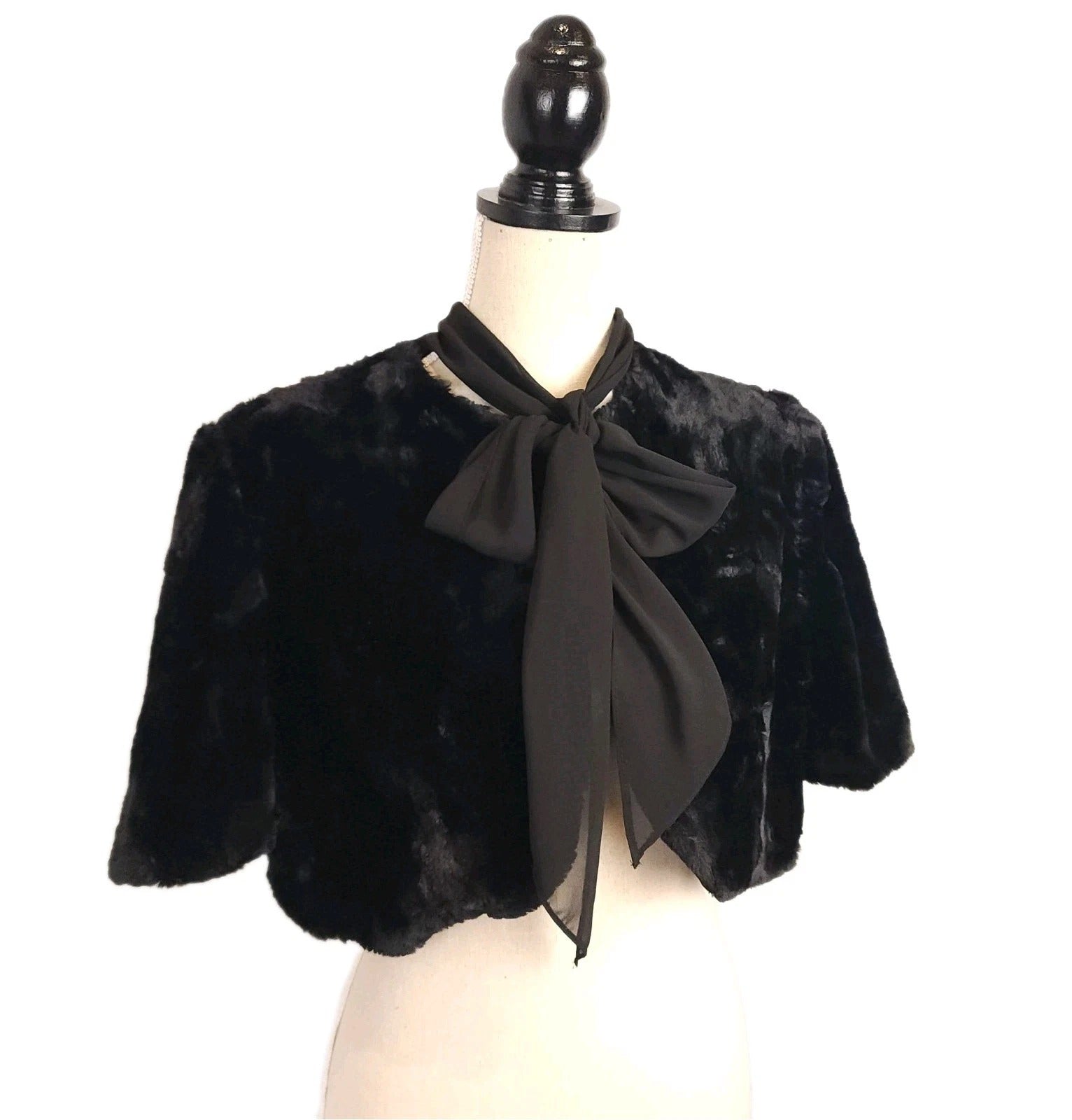 Ricki Cherry Sz L Ribbon Tie Stole Fine Faux Fur Jet Black MADE IN USA Vintage