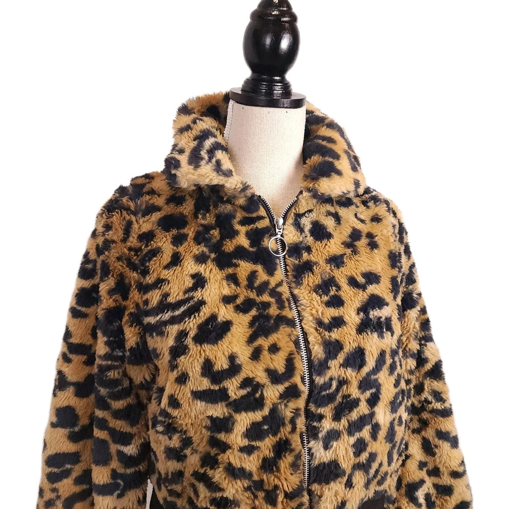 Leopard Print XS Full Zip Hooded Faux Fur Jacket