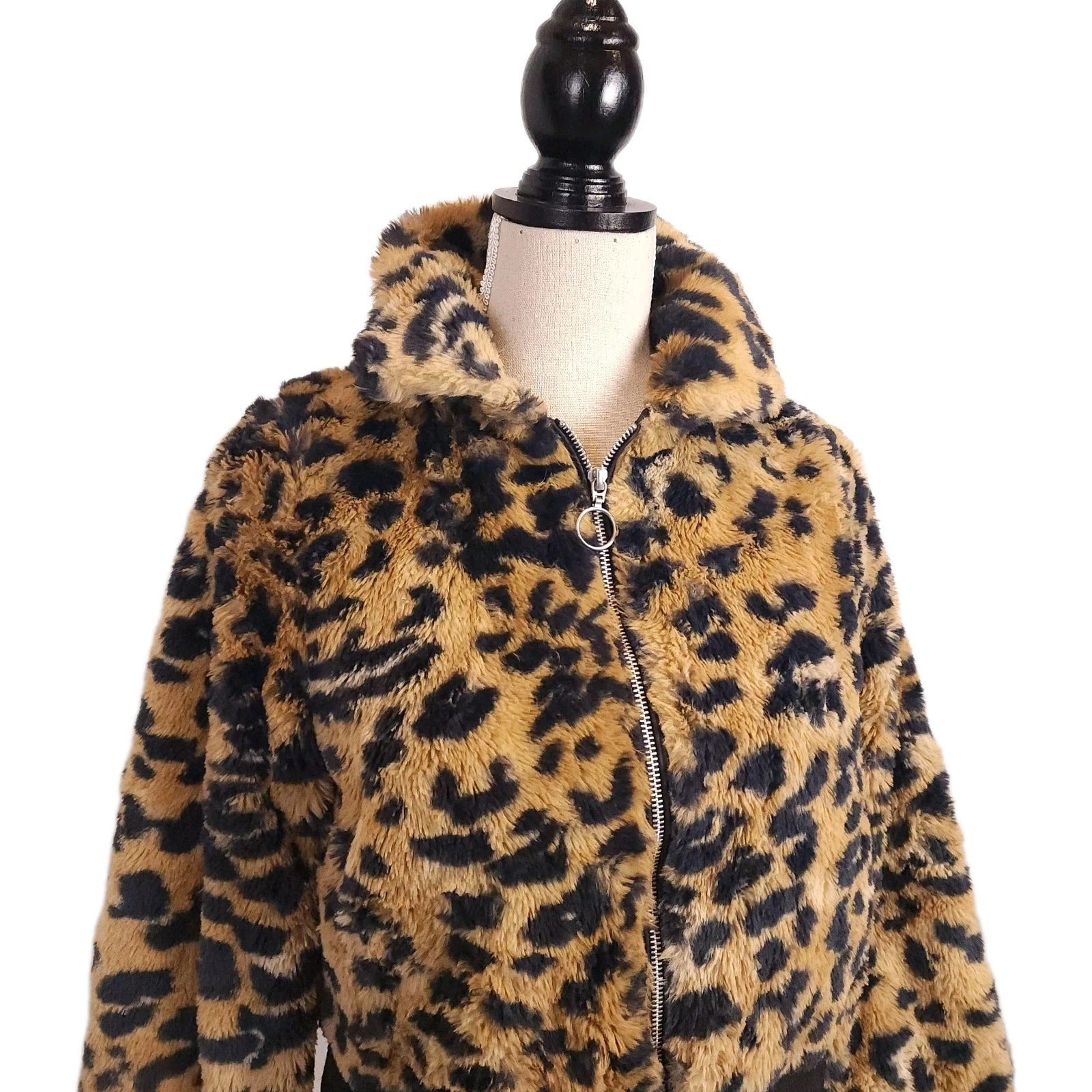Leopard Print XS Full Zip Hooded Faux Fur Jacket