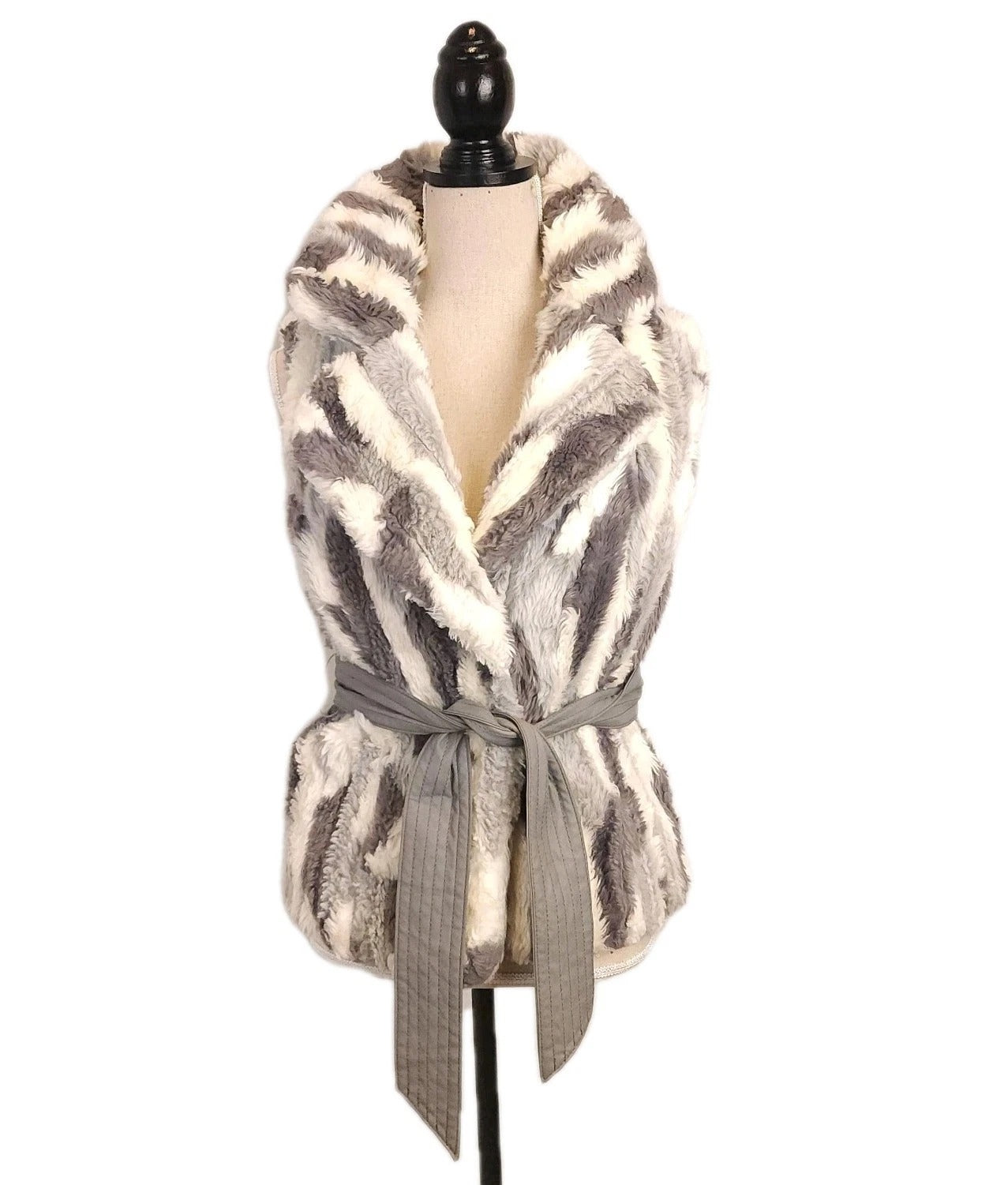 Alberto Makali Sz M Belted Faux Fur Vest MADE IN USA Gray Striped
