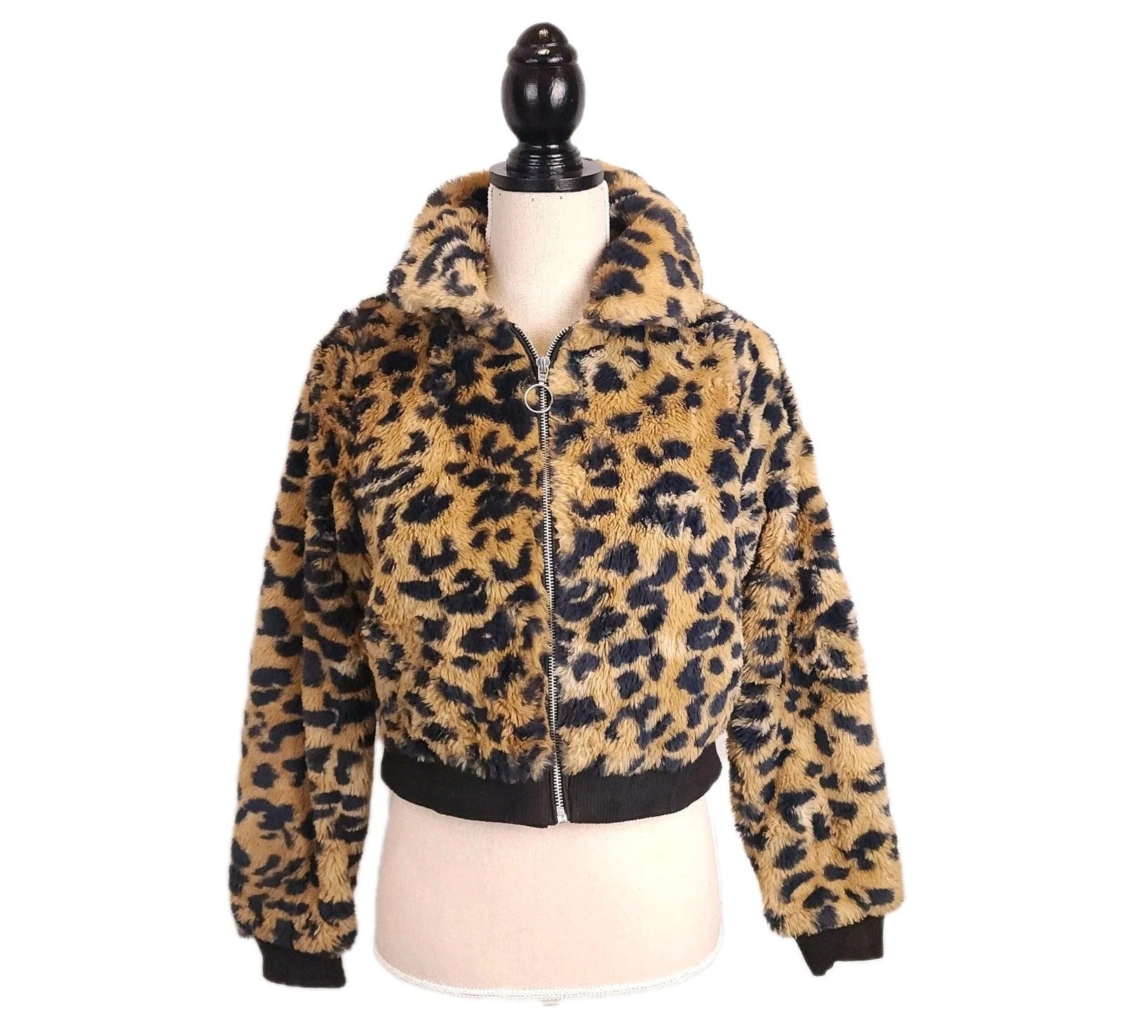 Leopard Print XS Full Zip Hooded Faux Fur Jacket