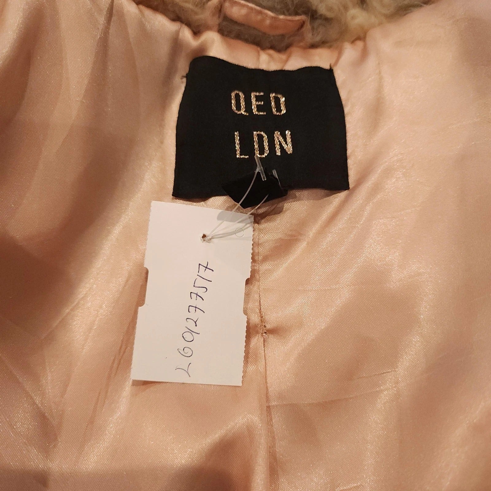 QED London Marble Gray & Brown Faux Fur Open Coat Sz L Deep Pile Knee Length