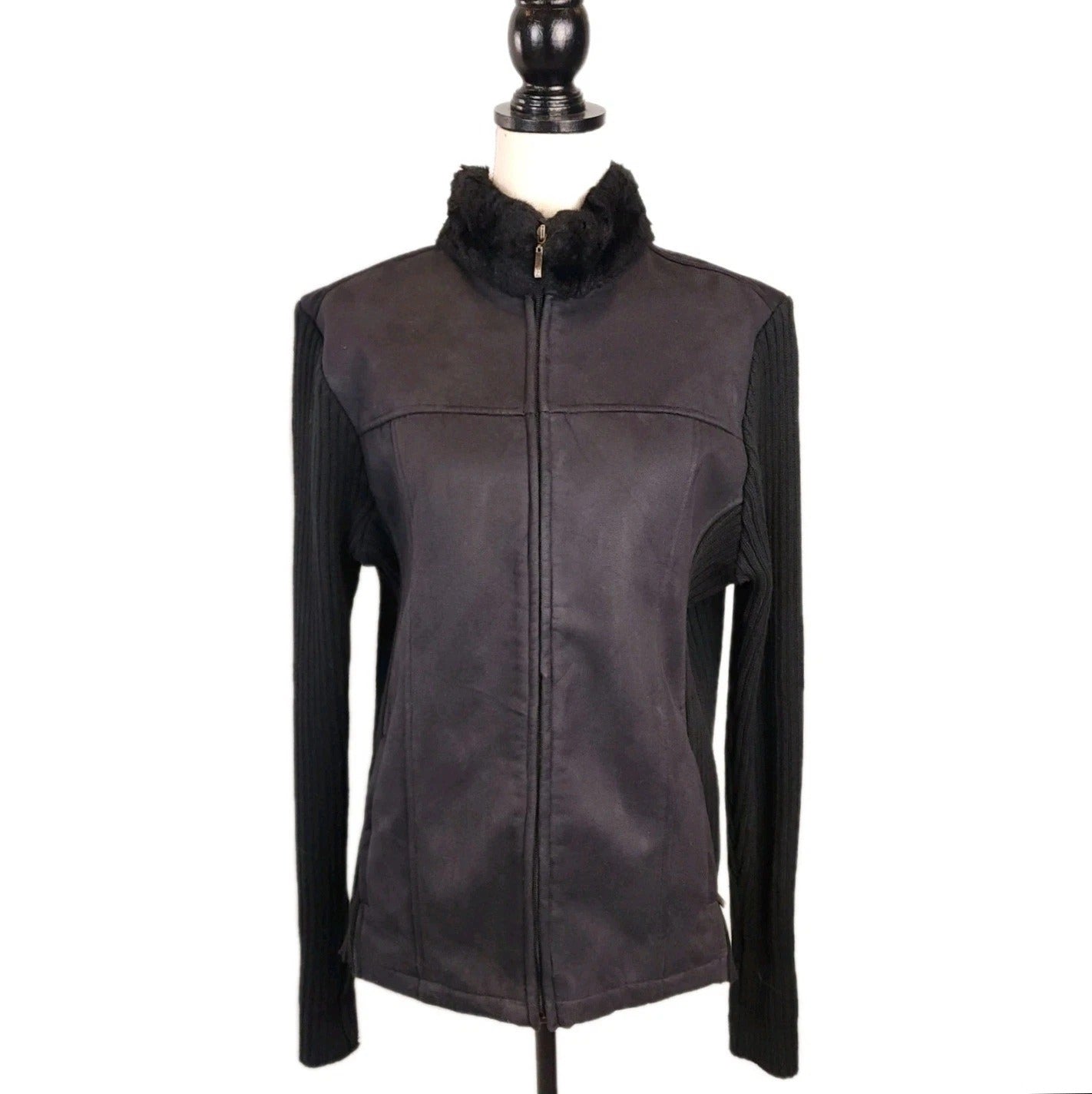 Faux Fur & Leather Ebony Black Full Zip Sweater XL