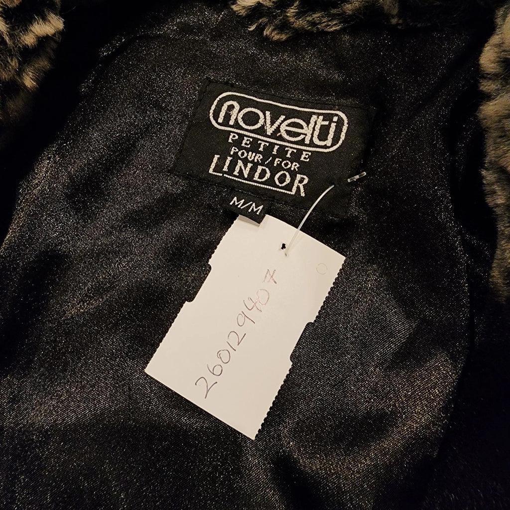 Novelti Luxurious Black Faux Fur Coat Animal Print Trim Sz M Knee Length VINTAGE
