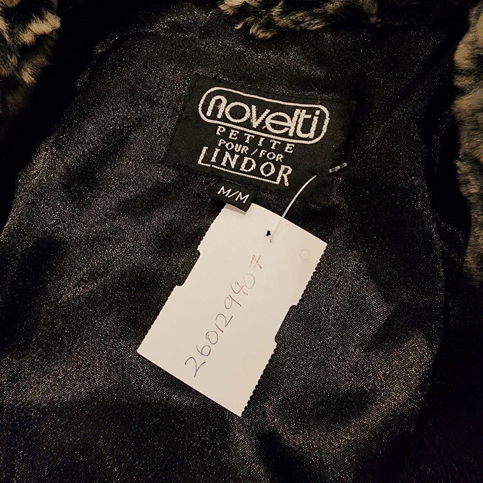 Novelti Luxurious Black Faux Fur Coat Animal Print Trim Sz M Knee Length VINTAGE