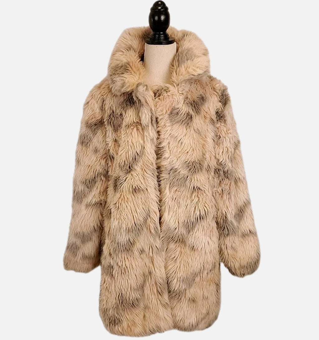 QED London Marble Gray & Brown Faux Fur Open Coat Sz L Deep Pile Knee Length