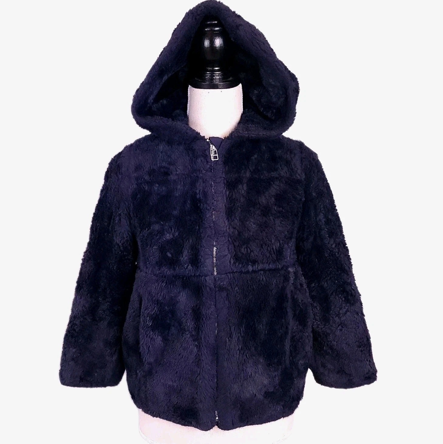 Zara Kids Midnight Blue Hooded Faux Fur Jacket Sz 10 Full Zip