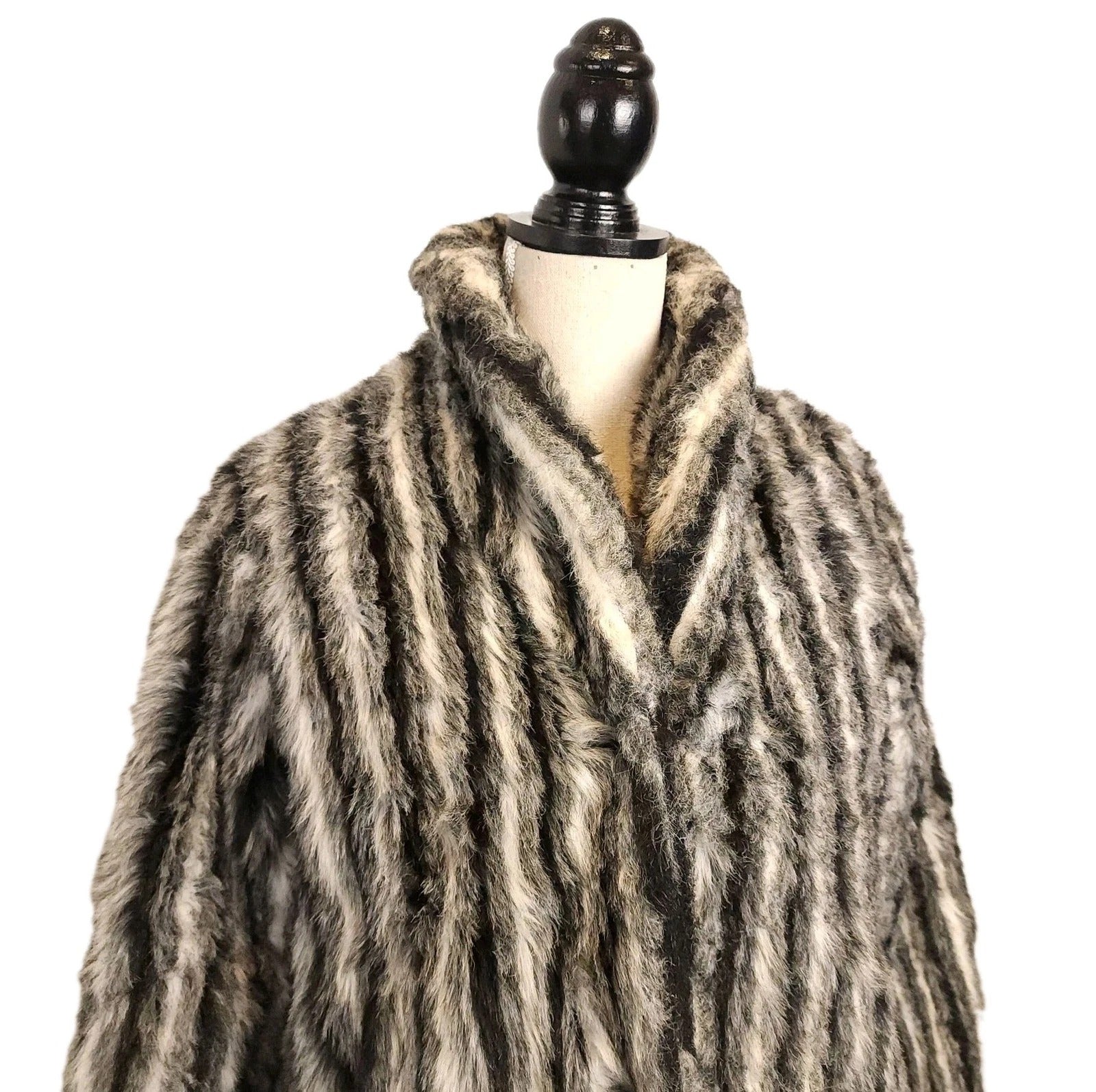 Vintage Faux Fur River Luxe Striped Coat Black, Gray & White Sz L