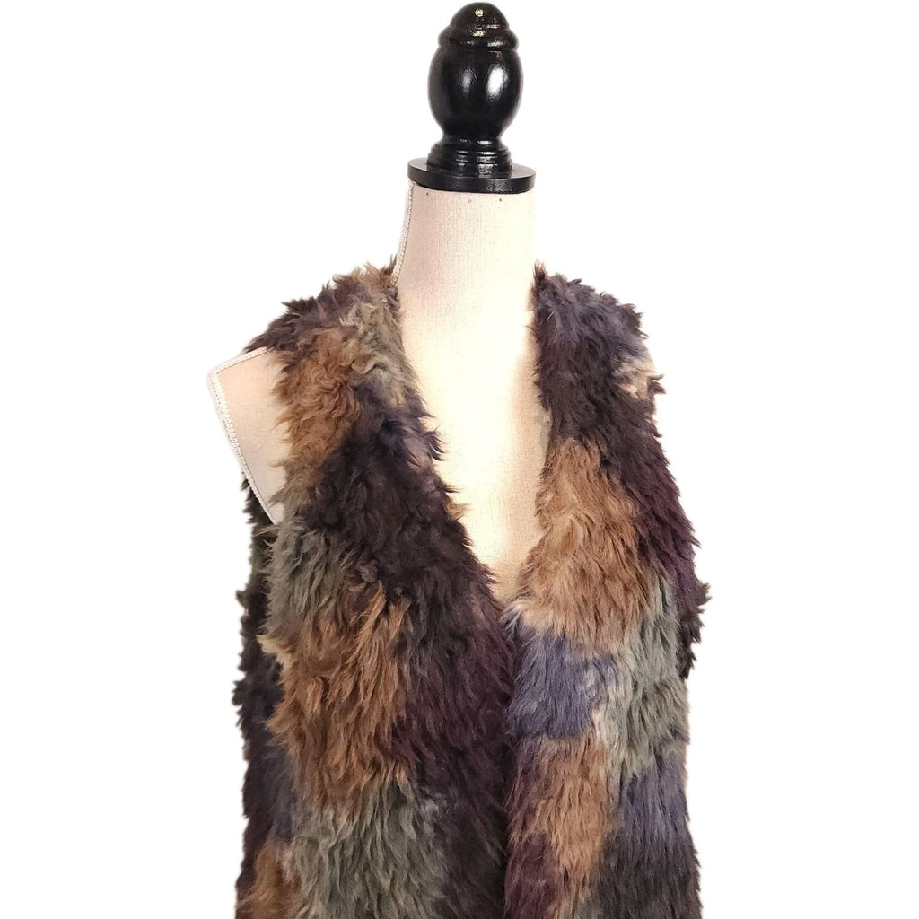 Guess Sz M Patched Black, Brown and Gray Dense Faux Fur Vest