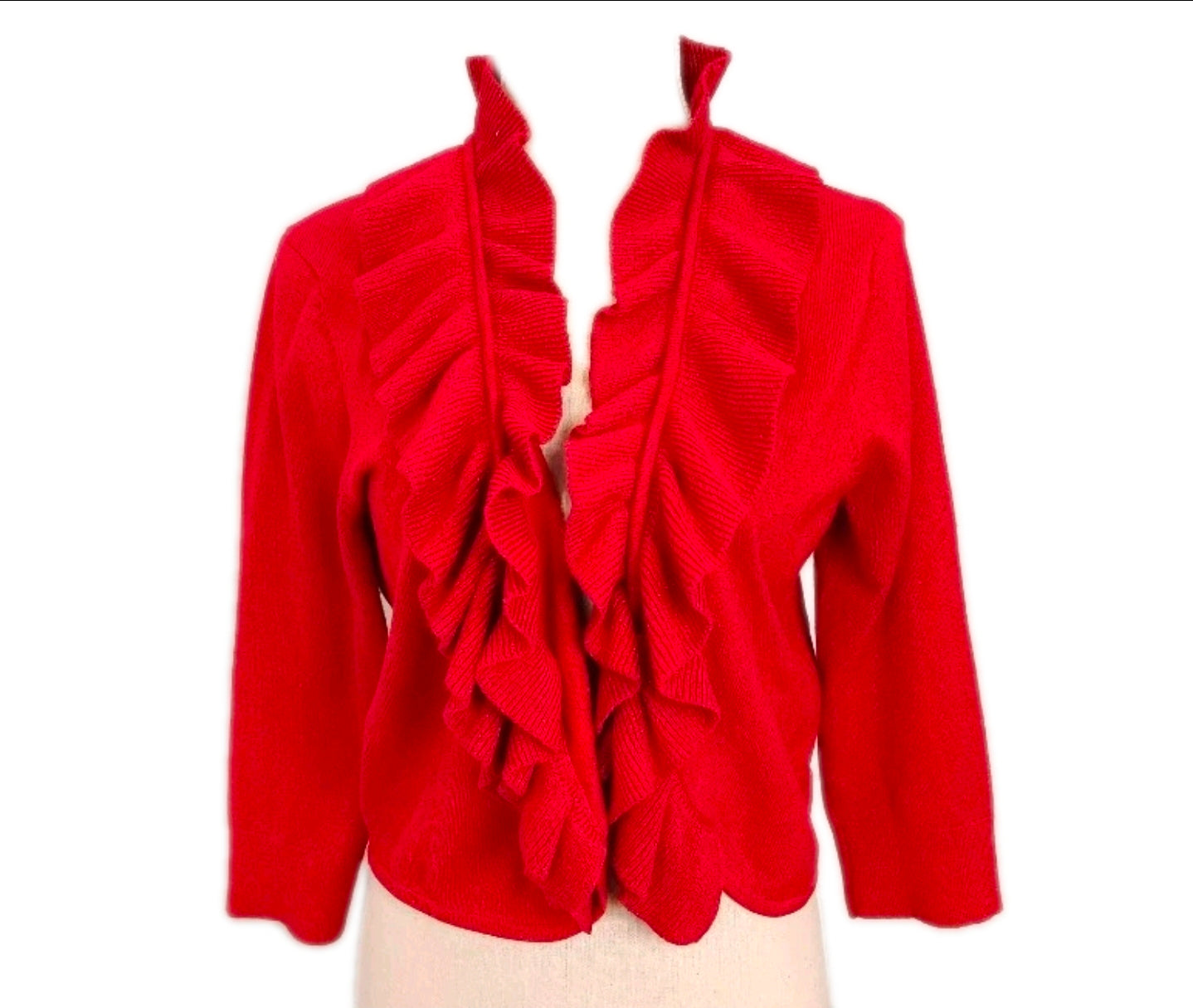CABLE & GAUGE Ruffled Red w/ Gold Thread Sz Large Open Cardigan