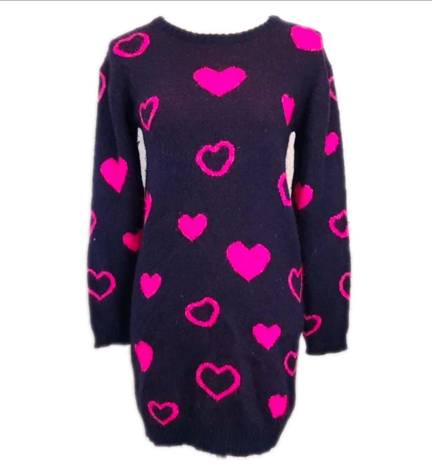 Purple Heart Sweater Dress Sz YOUTH XL w/ Hot Pink Hearts Crew-Neck