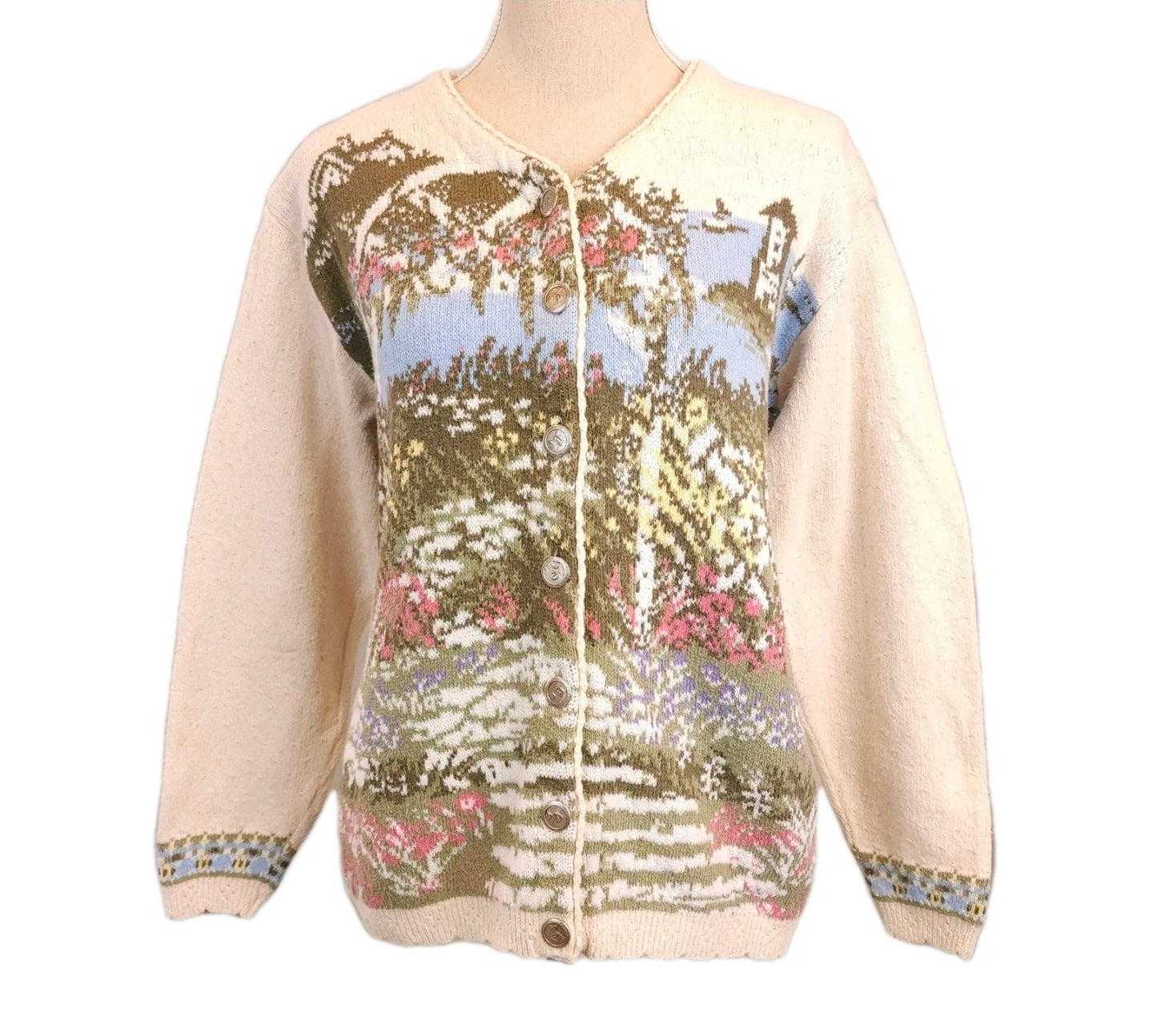 Vintage Seascape Sz Medium  Buttoned Cardigan Cotton Beige