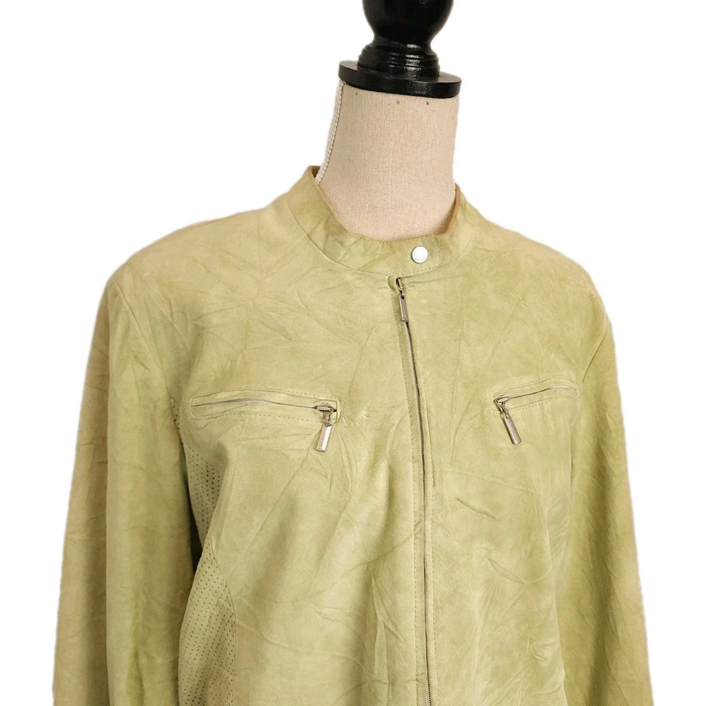 Olsen Cafe Racer Sz L Geniune Leather Biker Jacket Moss Green Full Zip