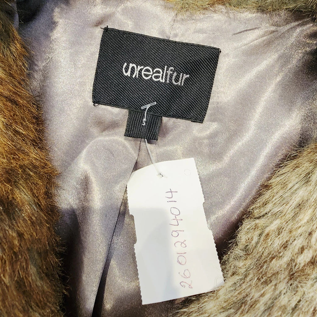 UNREAL FUR sz S Short Cropped High Collar Natural Brown Faux Fur Jacket